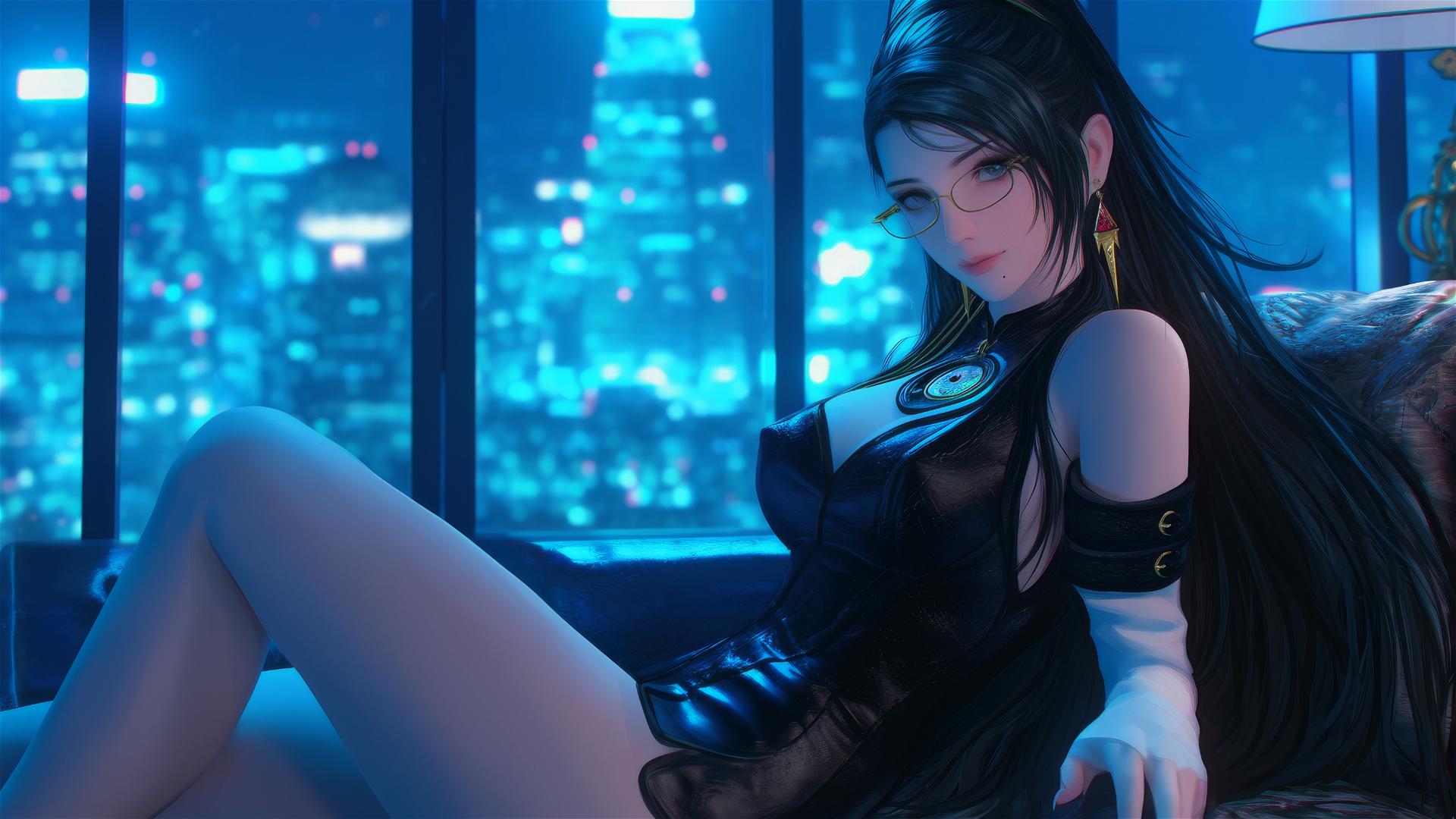 Bayonetta resting in a modern hotel room under moonlight.