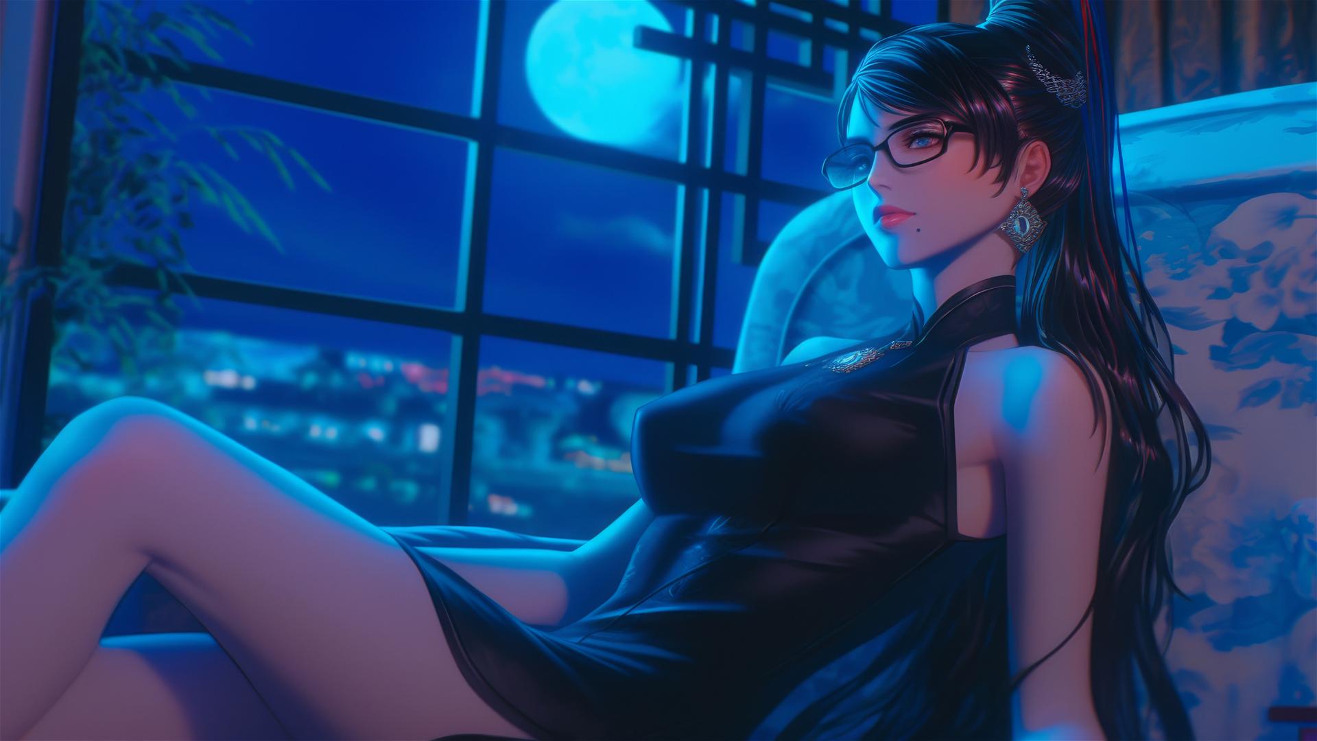 Bayonetta resting in a modern hotel room illuminated by moonlight