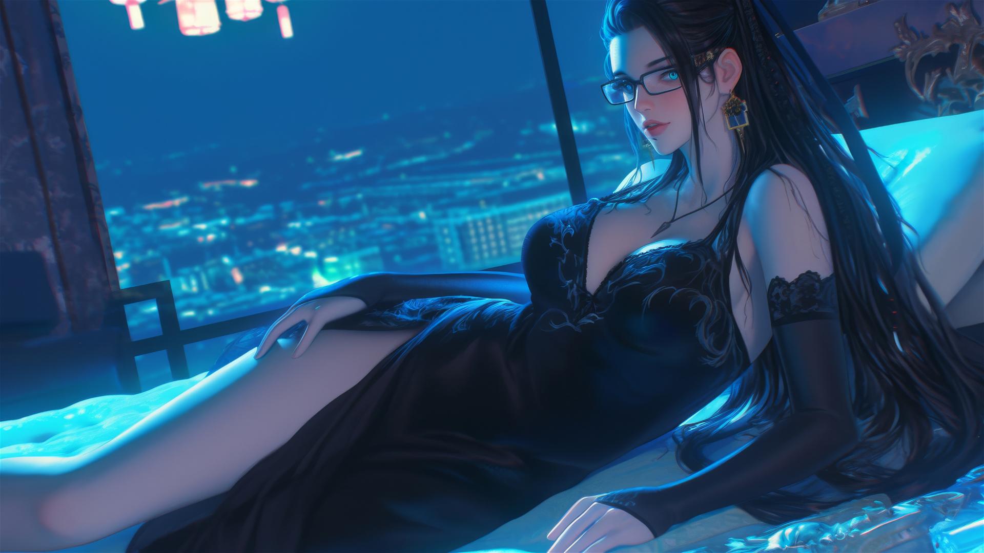 Bayonetta resting in a modern hotel room under moonlight.