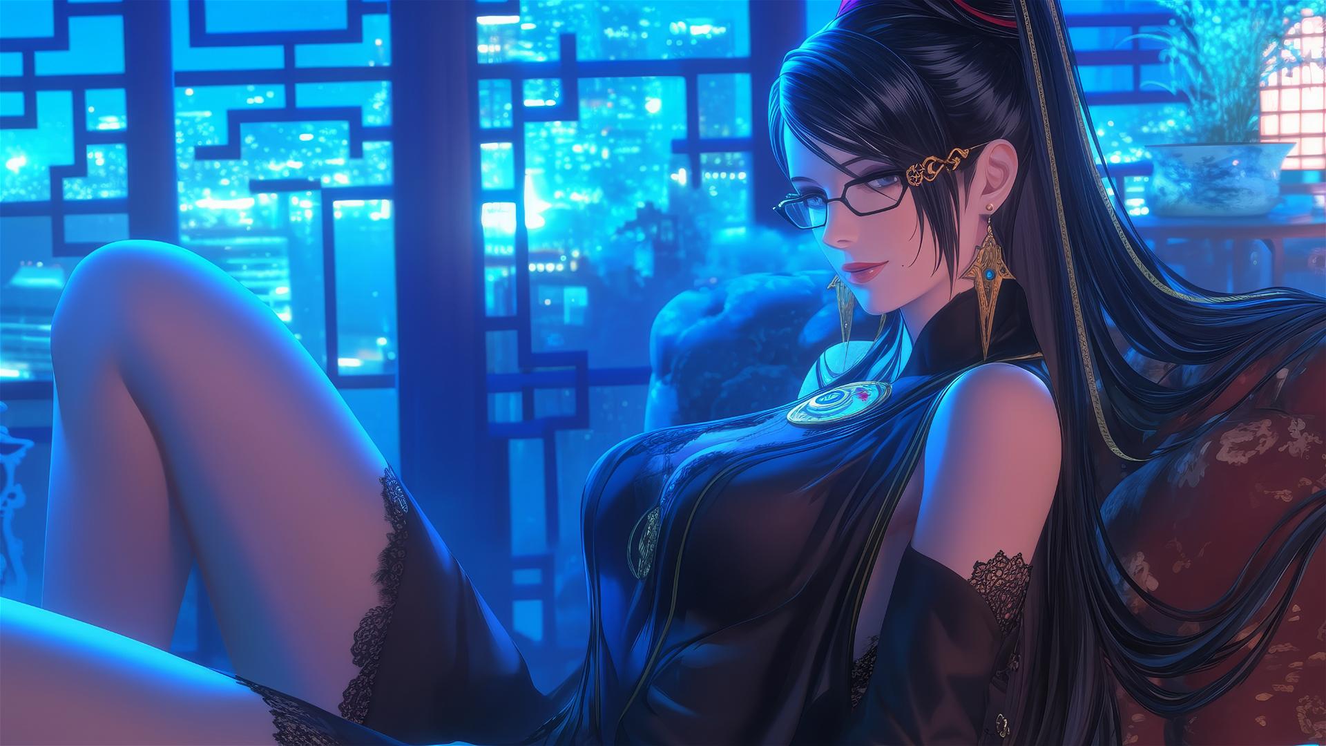 Bayonetta resting in a modern hotel room with moonlight glow