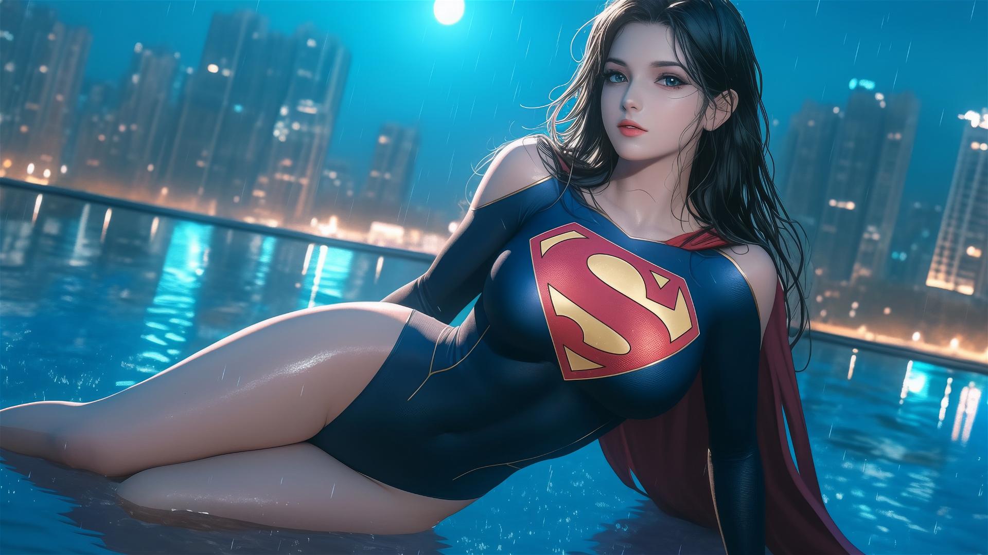 Superwoman resting at rainy swimming pool under moonlight