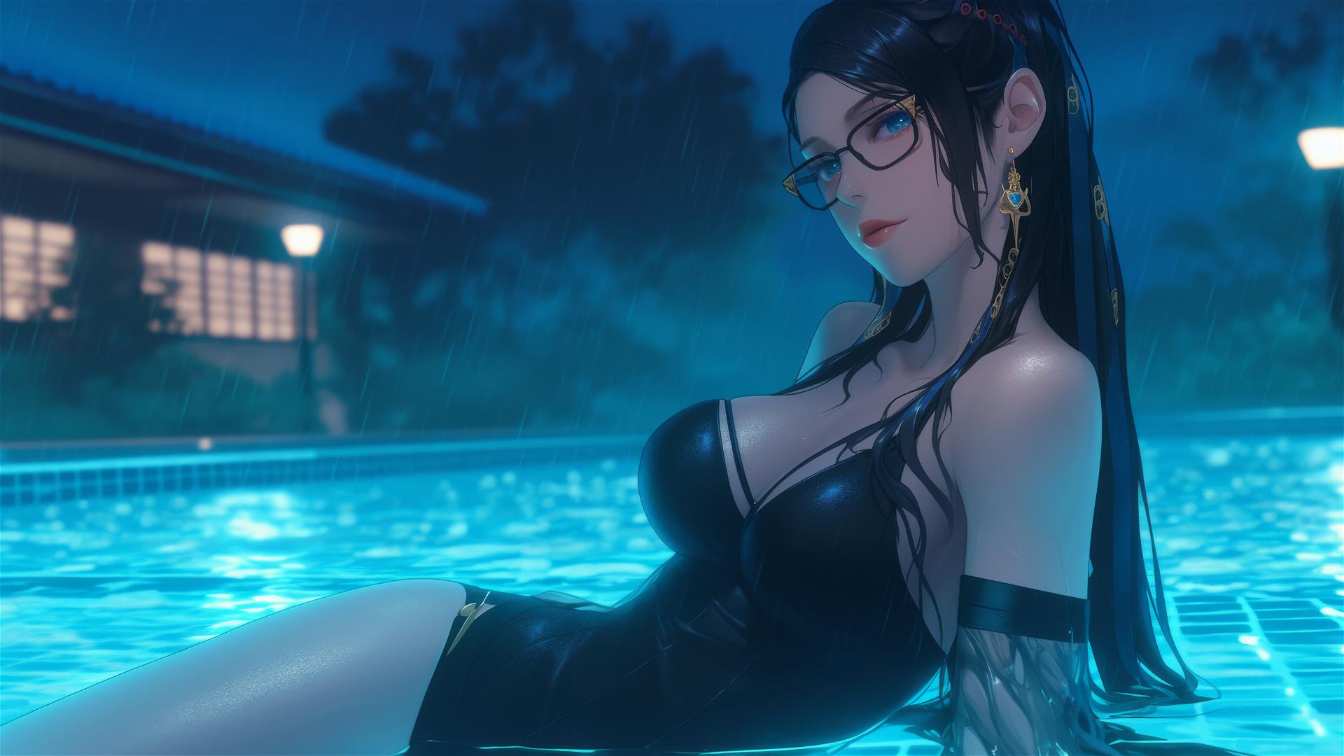 Bayonetta resting by a rainy swimming pool under moonlight
