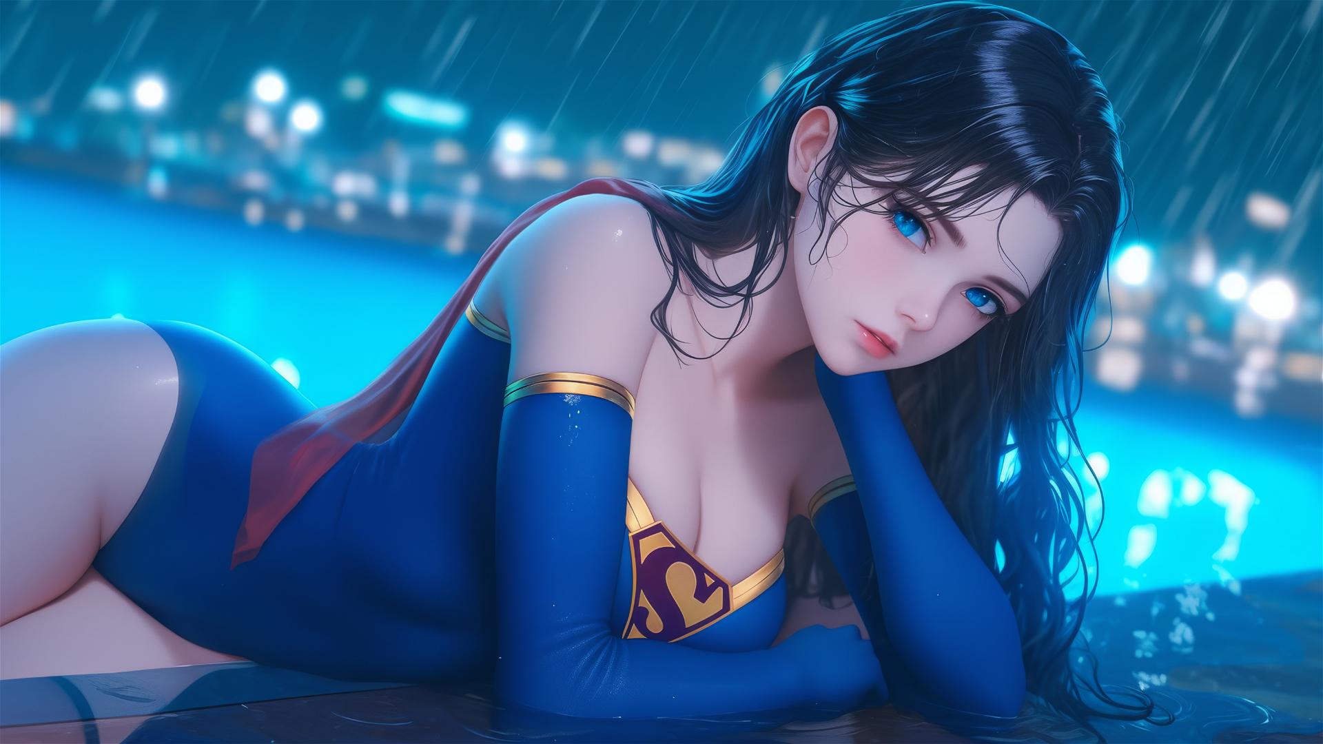 Superwoman leisurely resting by a rainy swimming pool illuminated by moonlight