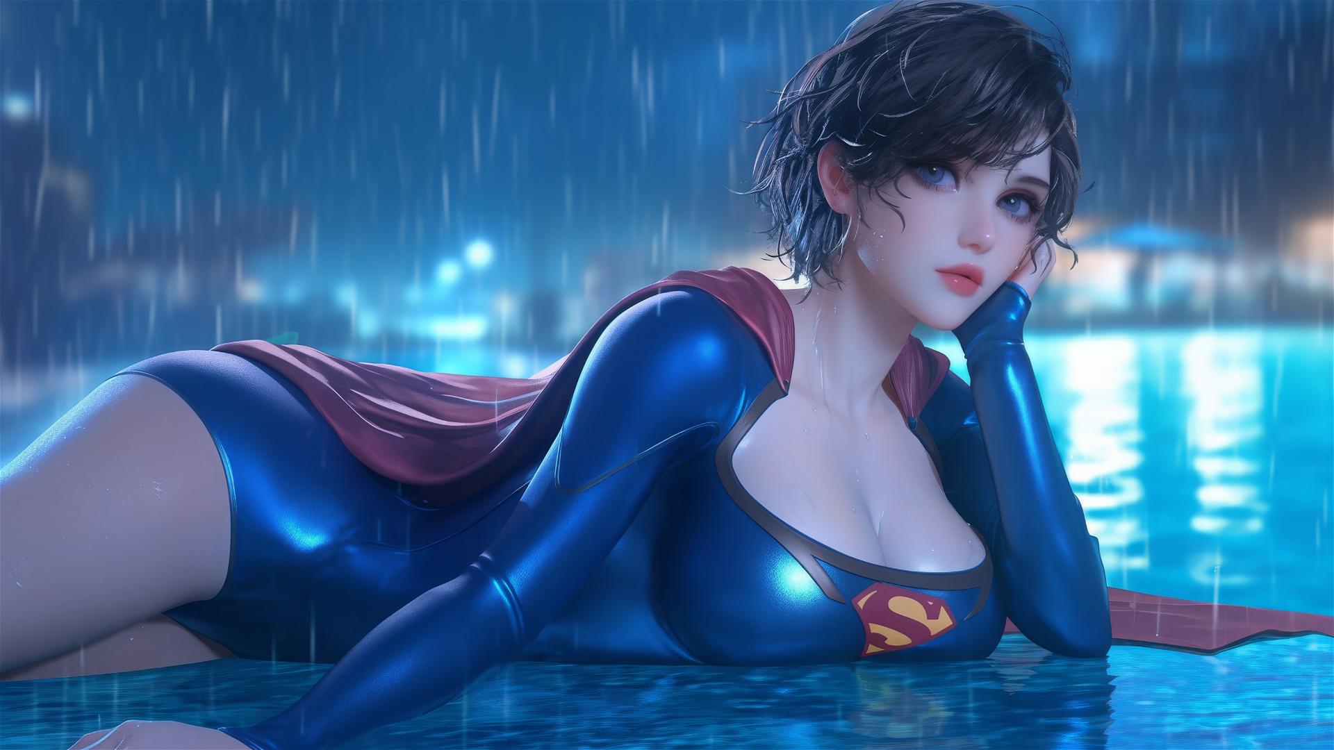 Superwoman leisurely resting at a rainy swimming pool under moonlight