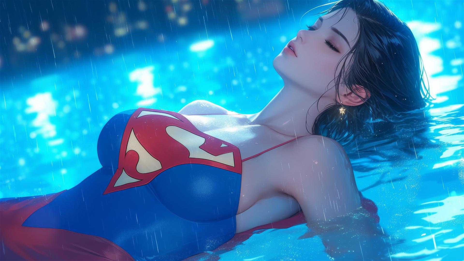 Superwoman resting at a rainy swimming pool under moonlight