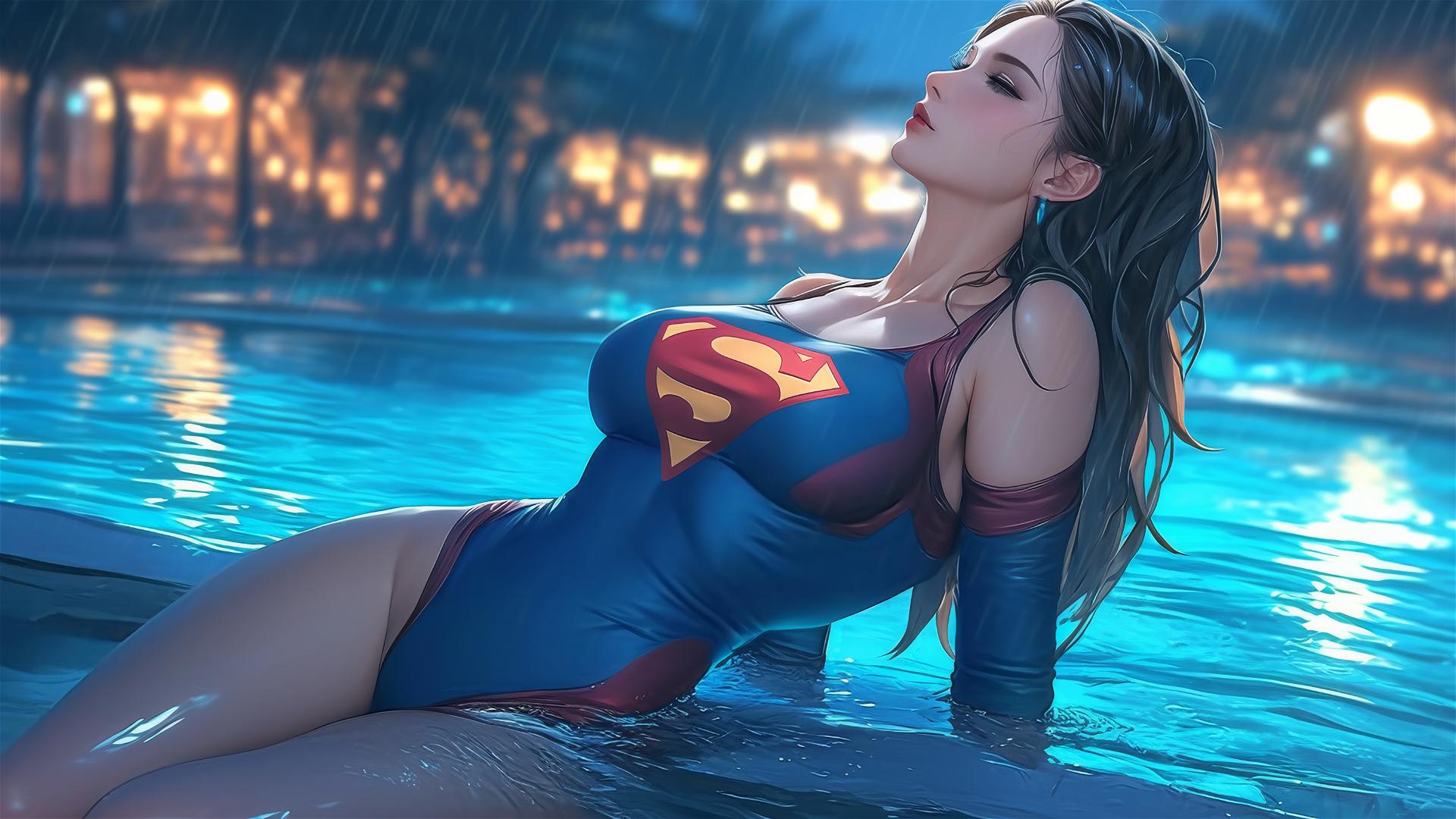 Superwoman leisurely resting at a rainy swimming pool under moonlight