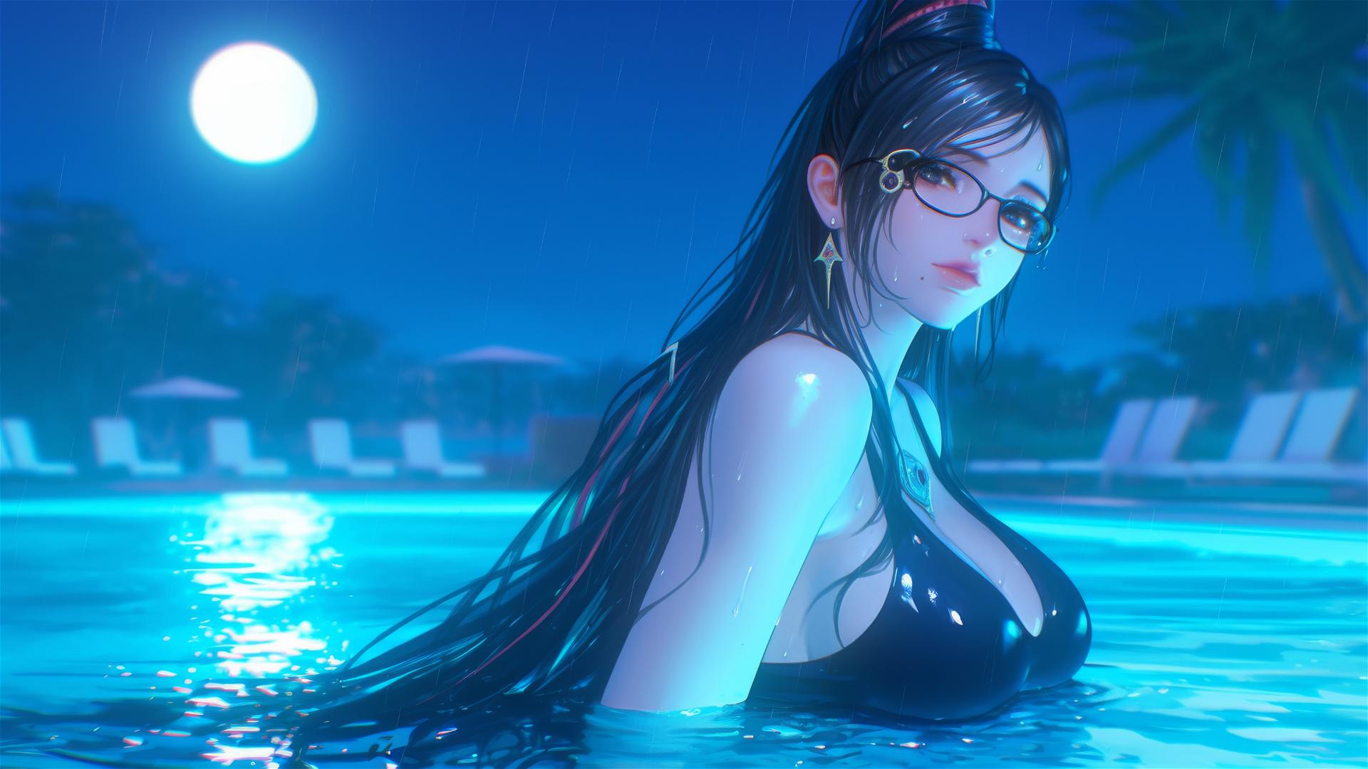 Bayonetta resting by a rainy swimming pool under moonlight.
