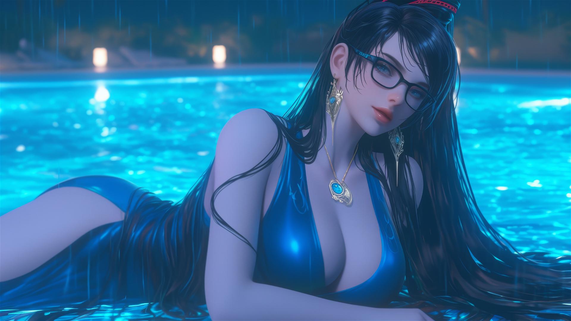 Bayonetta resting at a rainy swimming pool under moonlight.