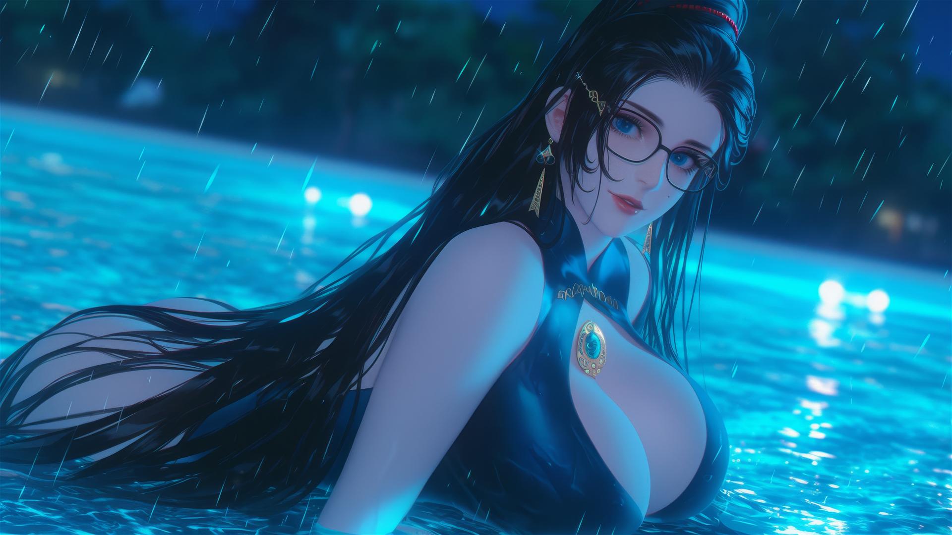 Bayonetta resting at rainy swimming pool under moonlight