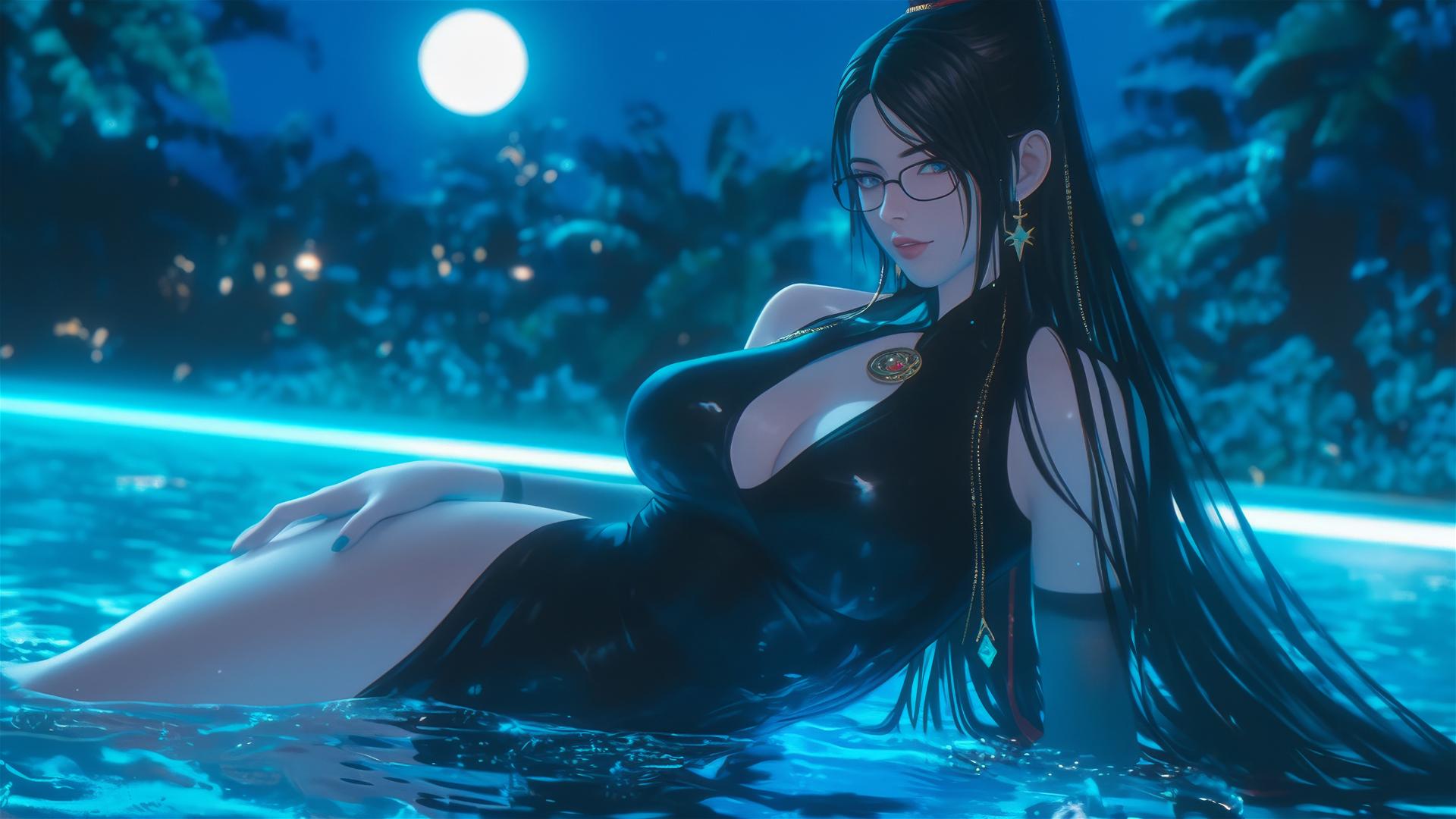 Bayonetta resting at a rainy swimming pool under moonlight