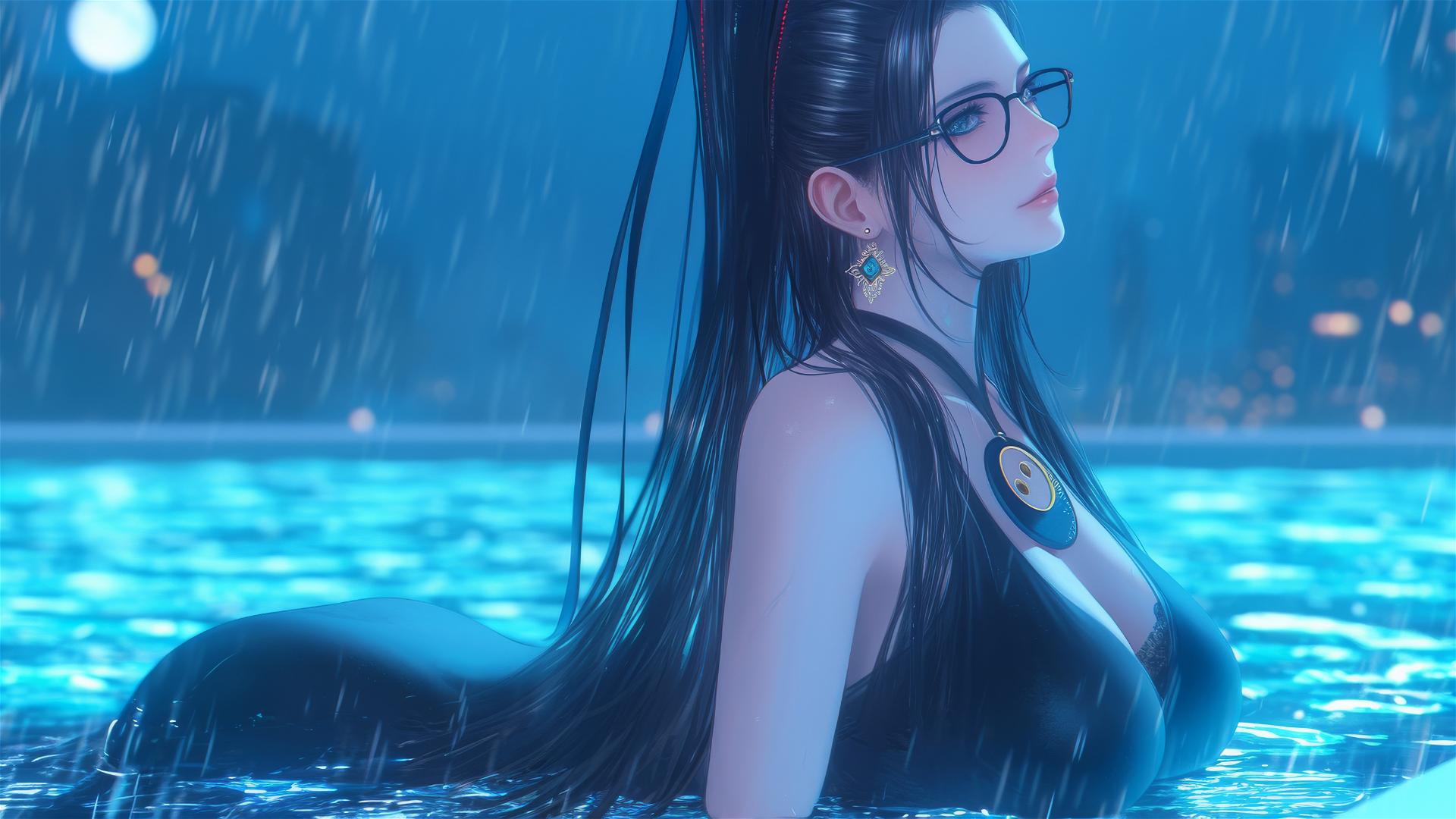 Bayonetta resting at a rainy swimming pool under moonlight