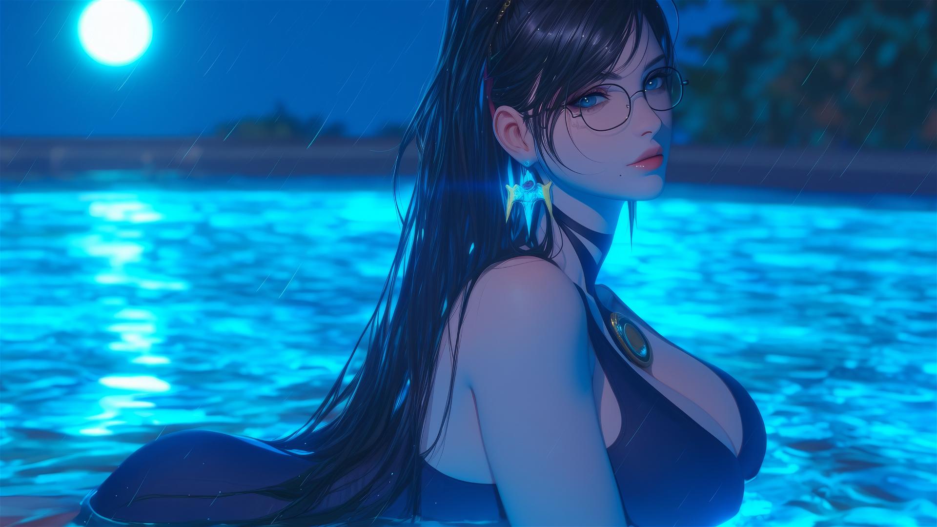 Bayonetta resting at a rainy swimming pool under moonlight