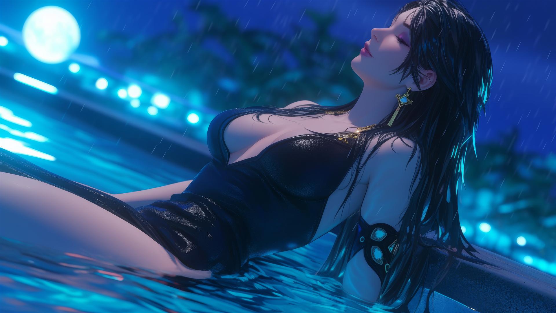 Bayonetta resting at a rainy swimming pool under moonlight