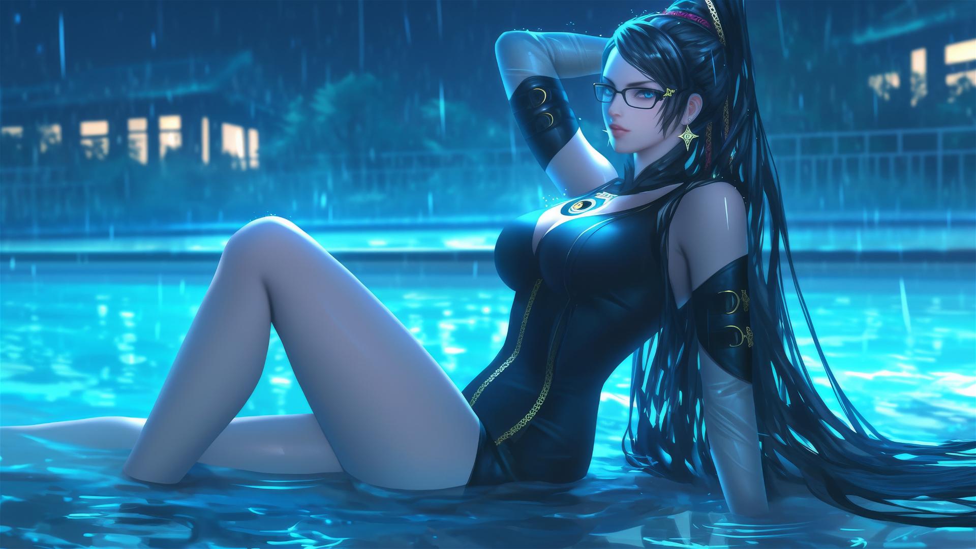 Bayonetta resting at rainy pool illuminated by moonlight