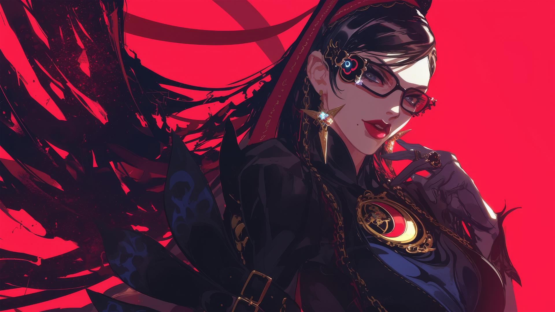 Bayonetta character in stylish pose, dark and mysterious atmosphere.
