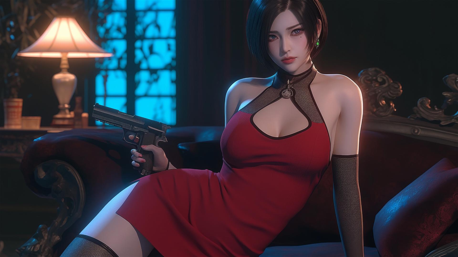 Ada Wong resting in a modern hotel room illuminated by moonlight