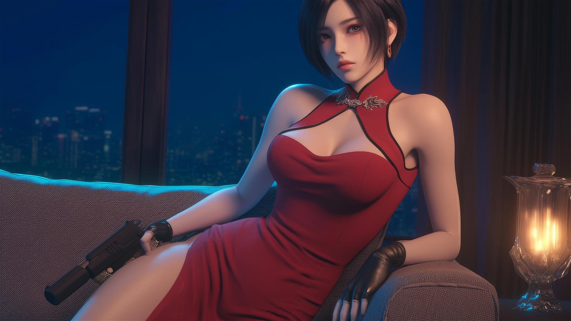 Ada Wong in modern hotel room with moonlight glow