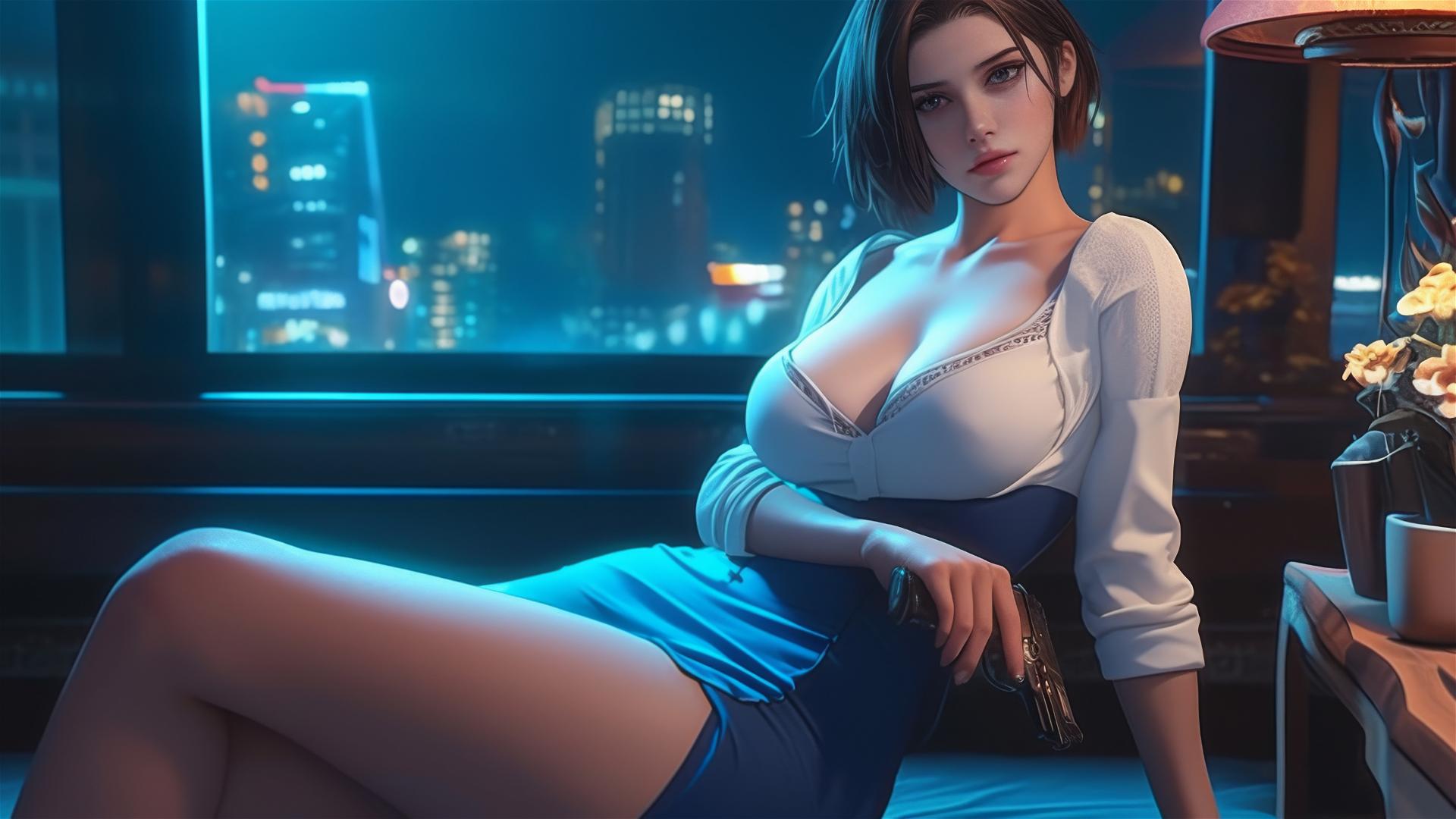 Jill Valentine resting in white pajamas, moonlit hotel room