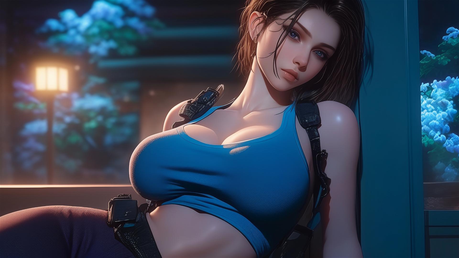 Jill Valentine in a modern hotel room illuminated by moonlight.