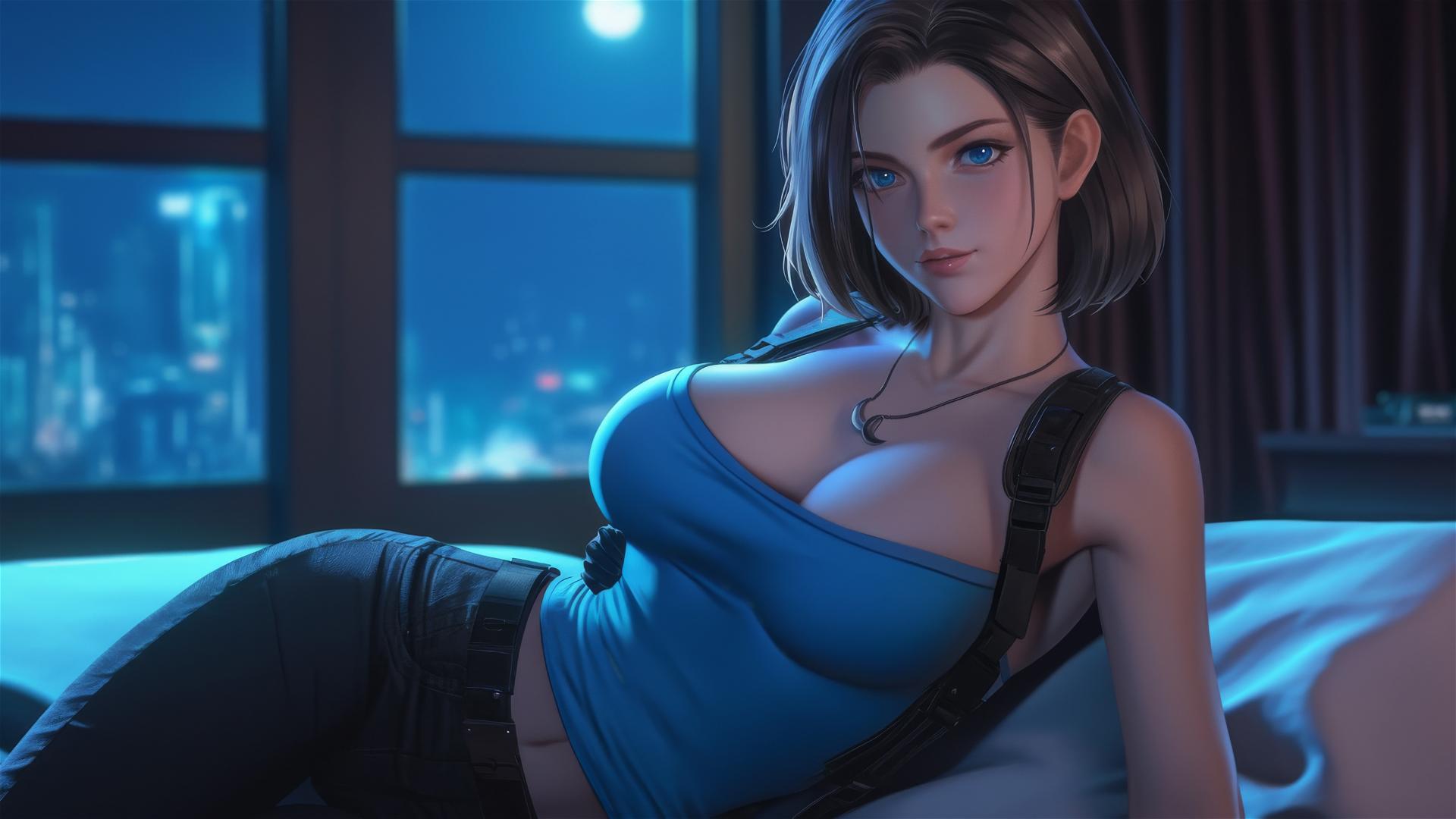 Jill Valentine from Resident Evil relaxing in a modern hotel room under moonlight