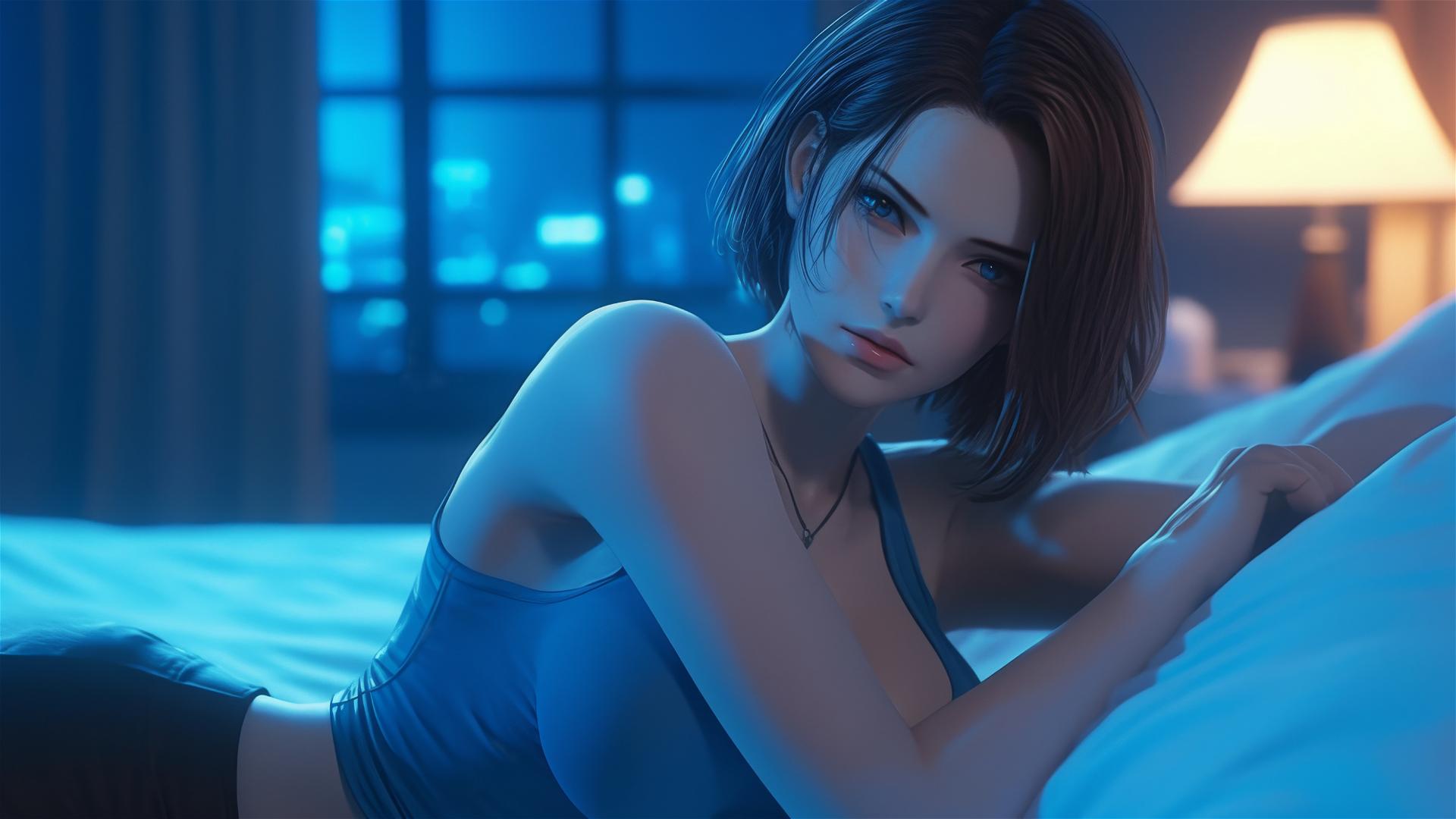 Jill Valentine from Resident Evil resting in a moonlit modern hotel room