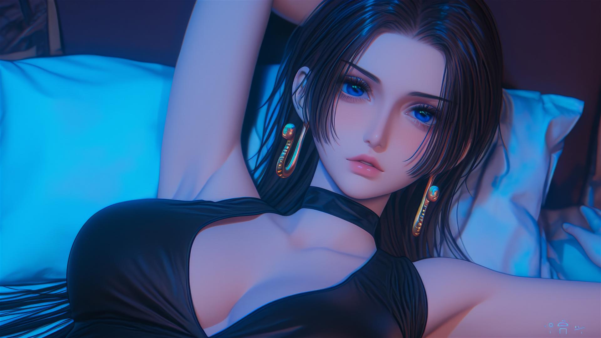 Boa Hancock from One Piece in black and pink leather on a bed