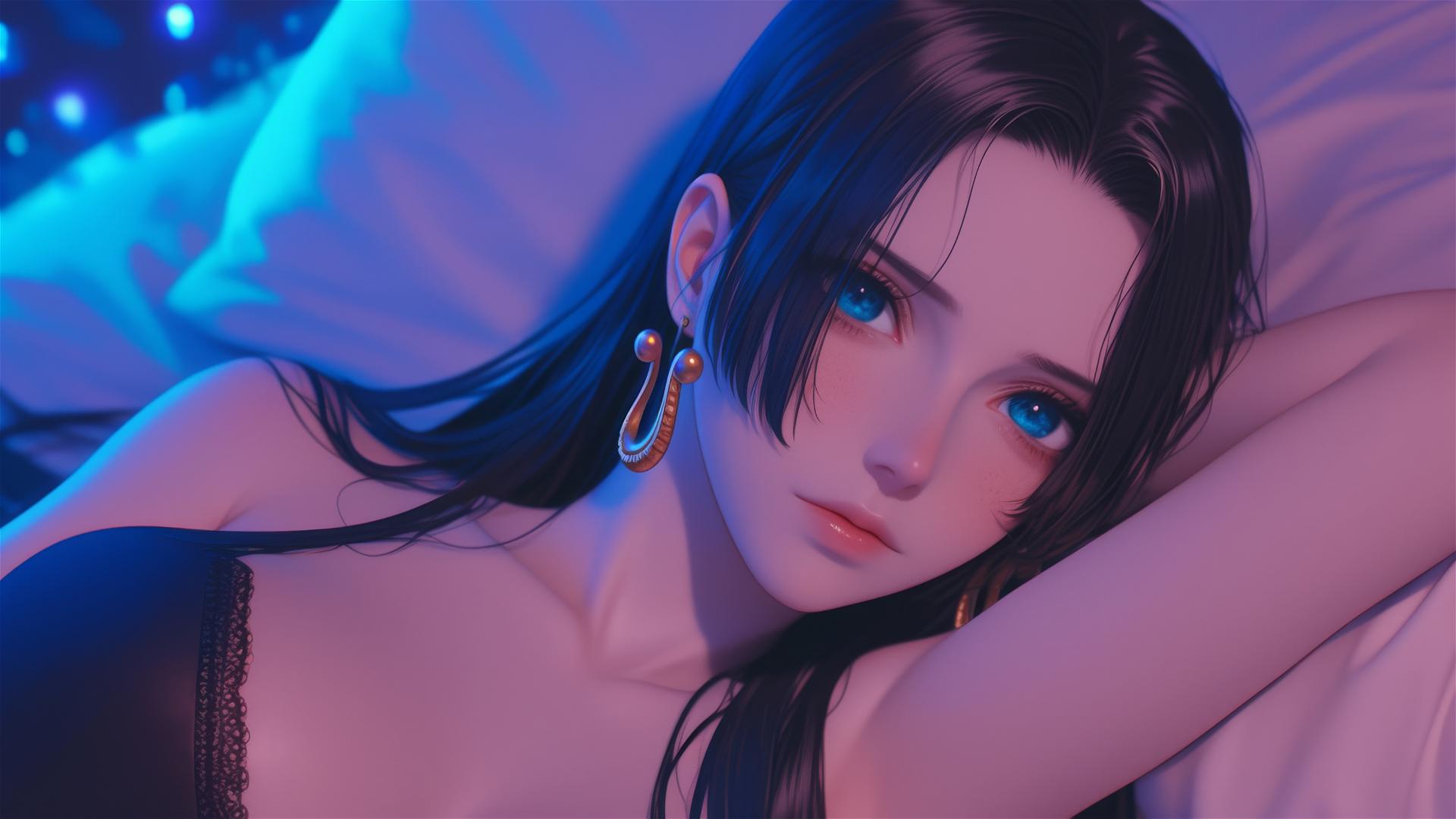 Boa Hancock from One Piece in bed, wearing black and pink leather, neon colors, pink background