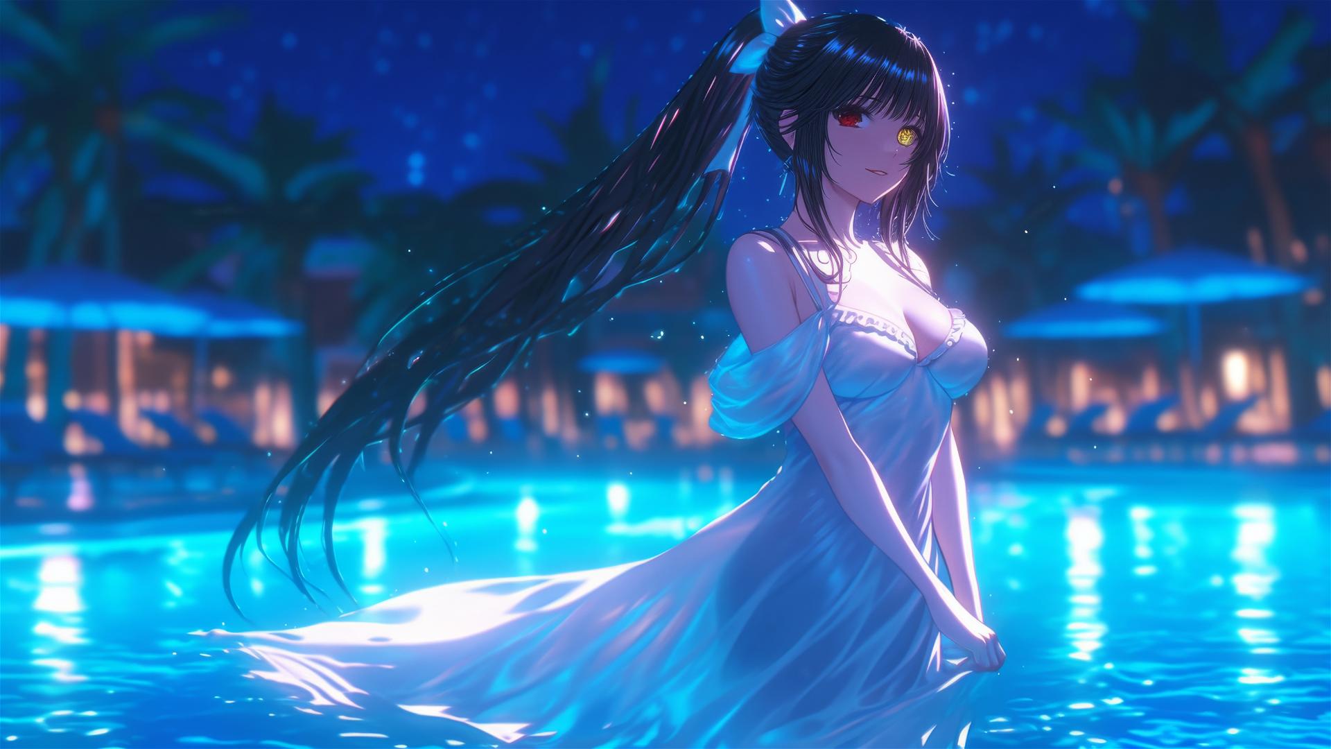 Kurumi Tokisaki in a white dress, standing in a rainy pool, moonlight glow, heterochromia