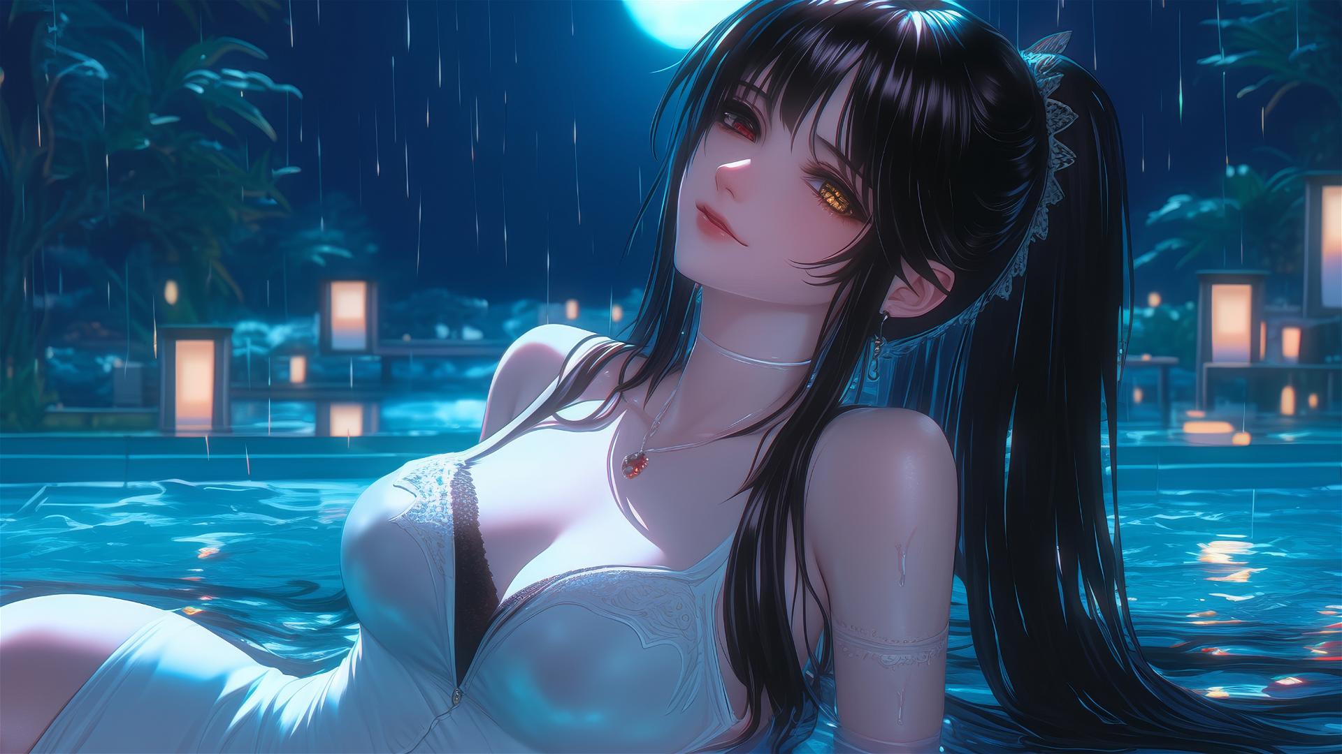 Kurumi Tokisaki resting in a tub under moonlight with mismatched red and yellow eyes