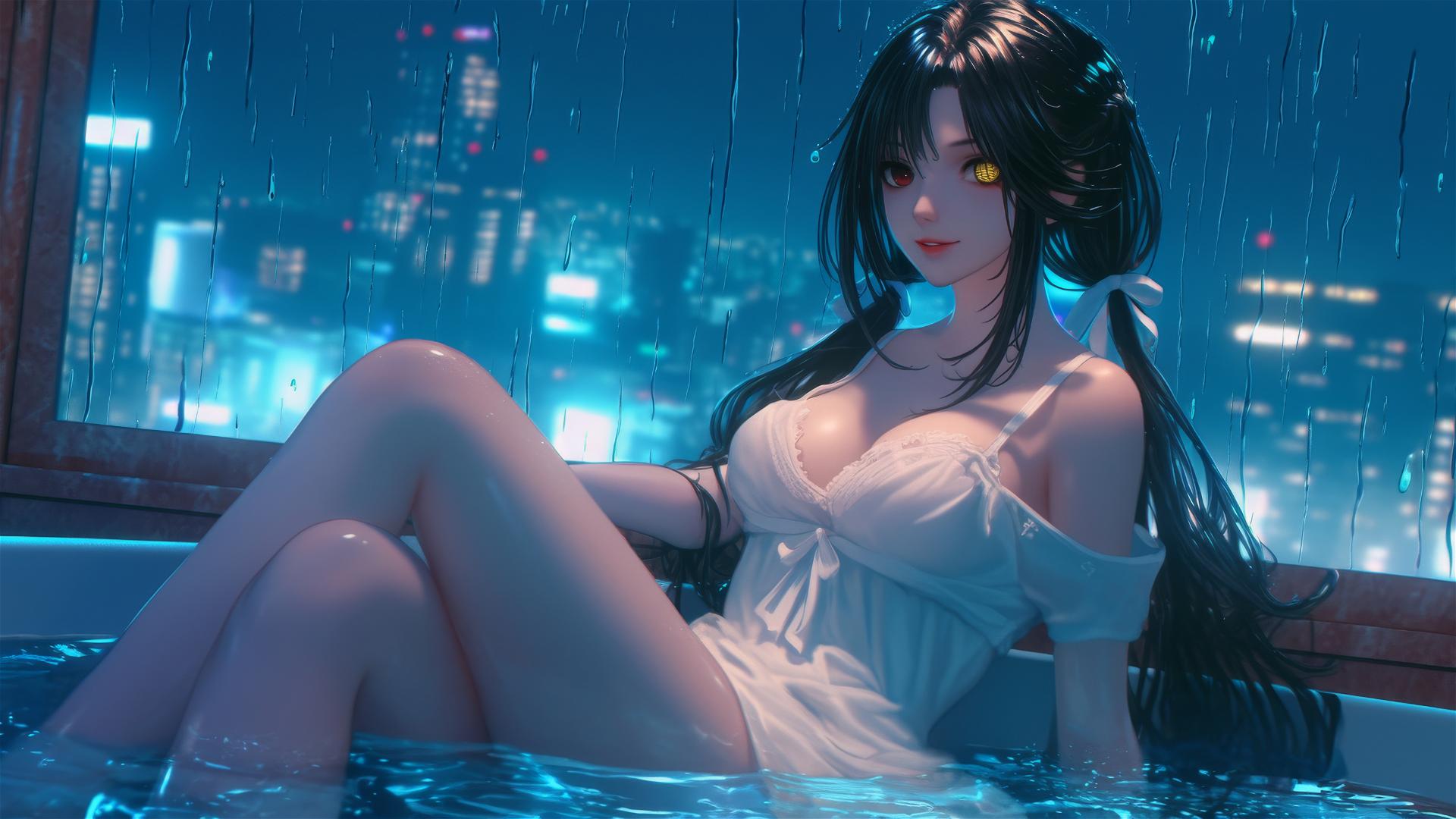 Kurumi Tokisaki in white, moonlit by window, red and yellow eyes.