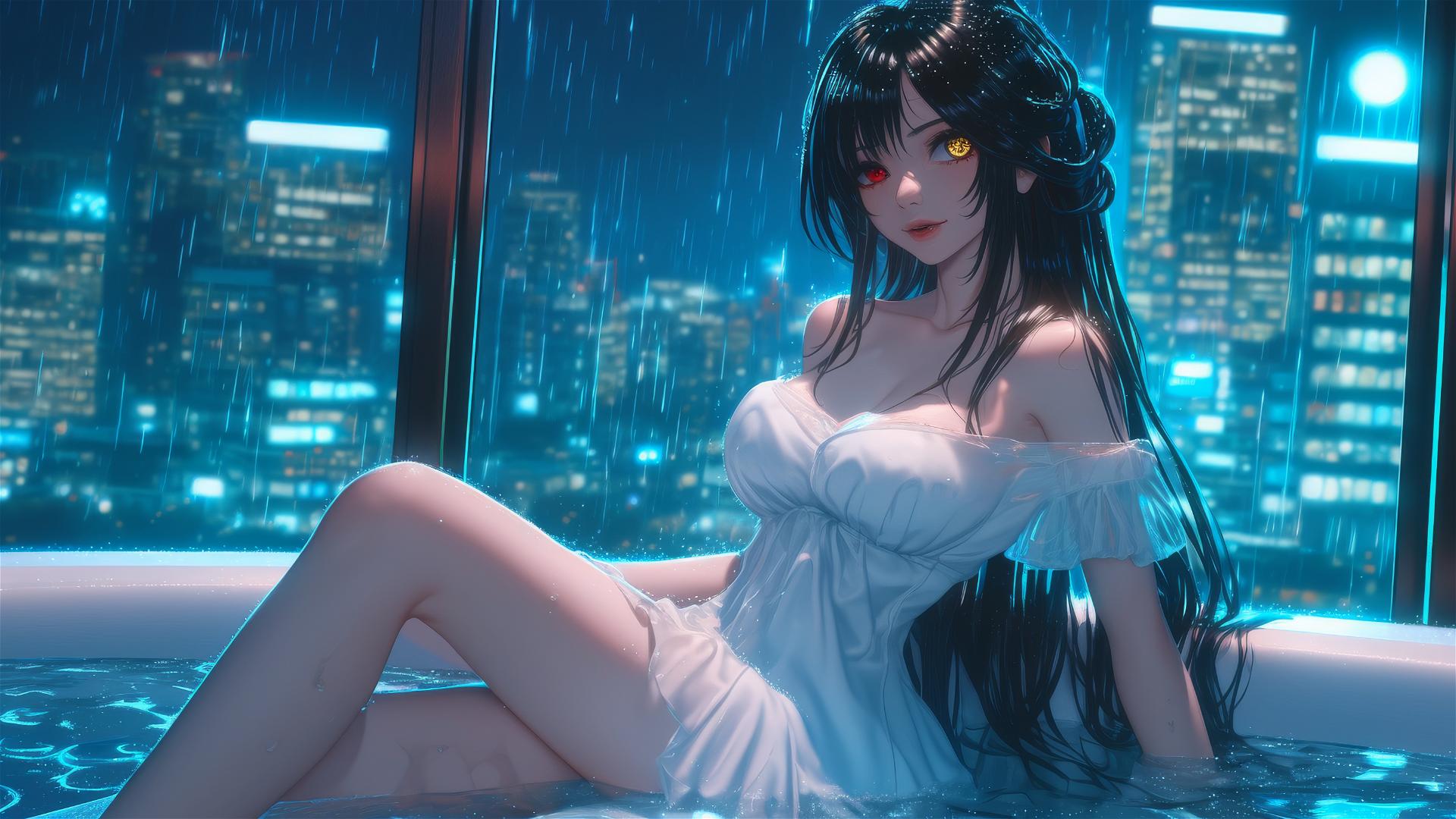 Kurumi Tokisaki in tub under moonlight, dress in white, with colorful eyes