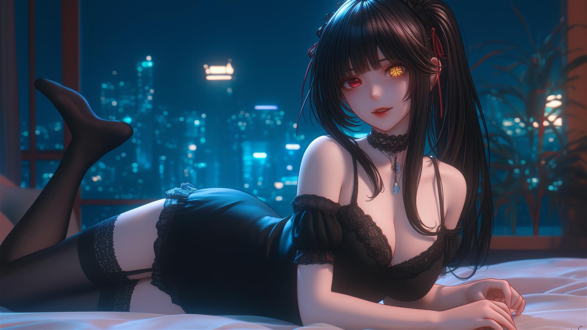 Kurumi Tokisaki resting in a modern hotel room with moonlight glow
