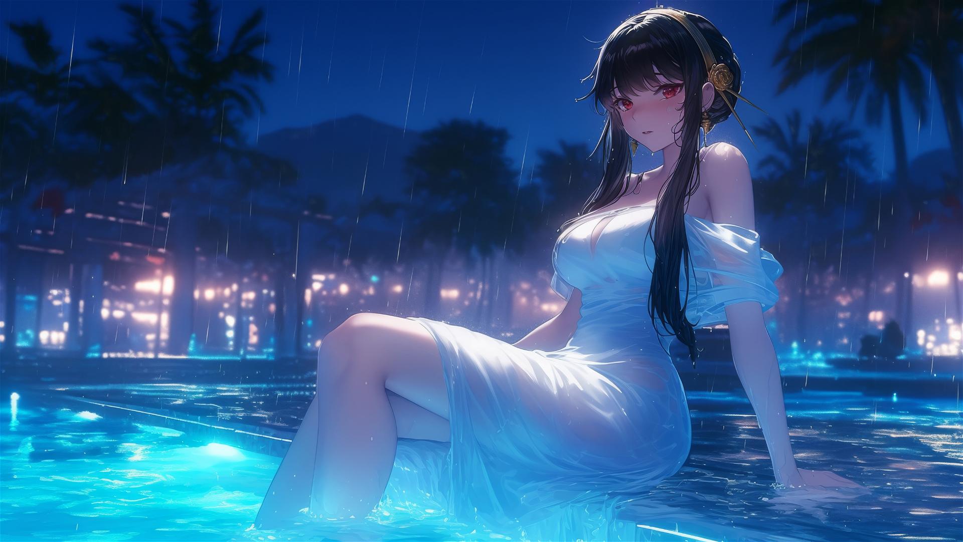 Yor Forger in white dress, resting by a rainy swimming pool under moonlight.