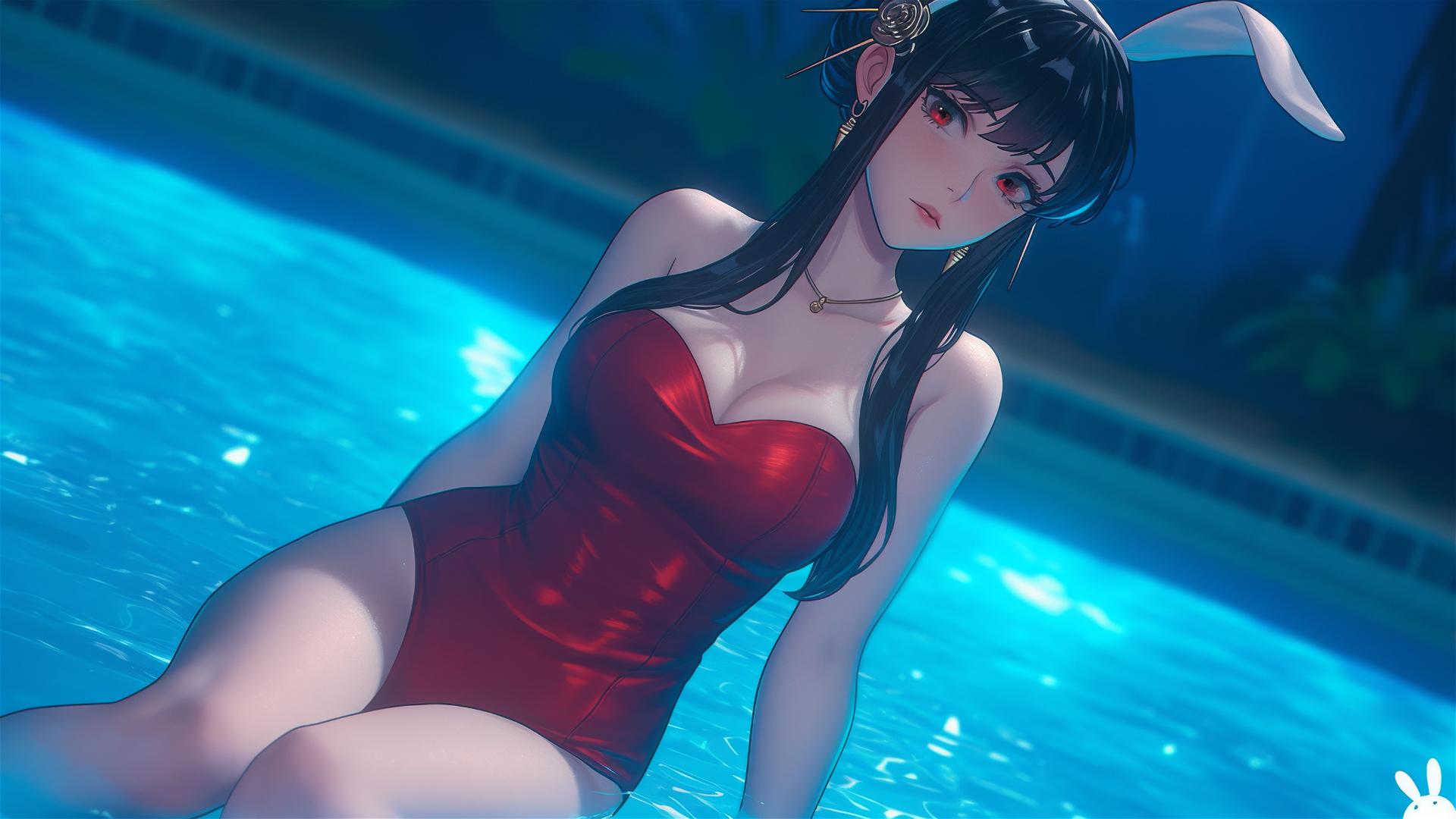 Yor Forger as a bunny girl relaxing by the pool under moonlight