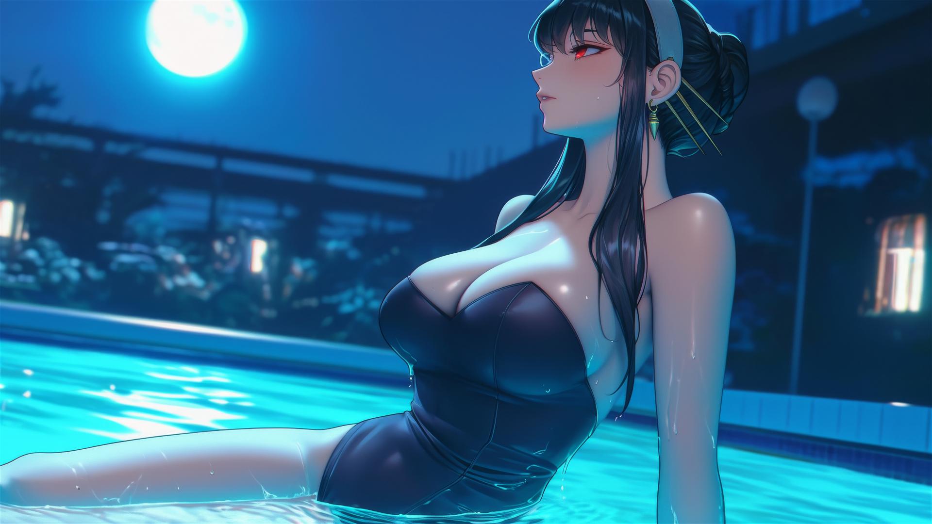 Yor Forger in bunny girl outfit by moonlit pool