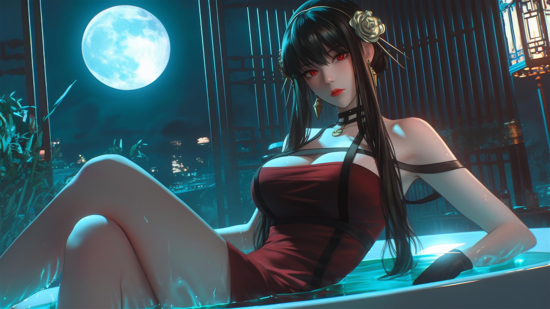 Yor Forger from Spy x Family rests in a tub under moonlight