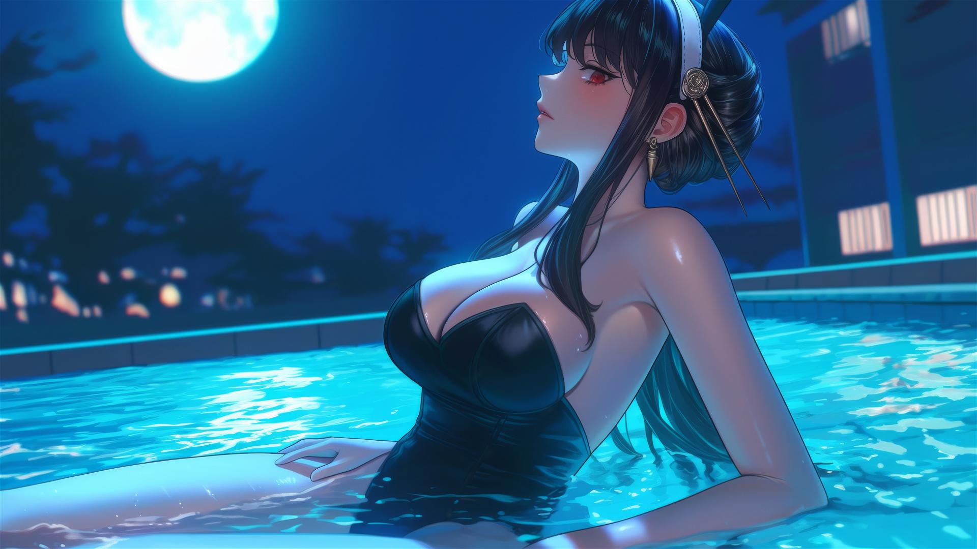 Yor Forger in Bunny girl style relaxing by the pool under moonlight