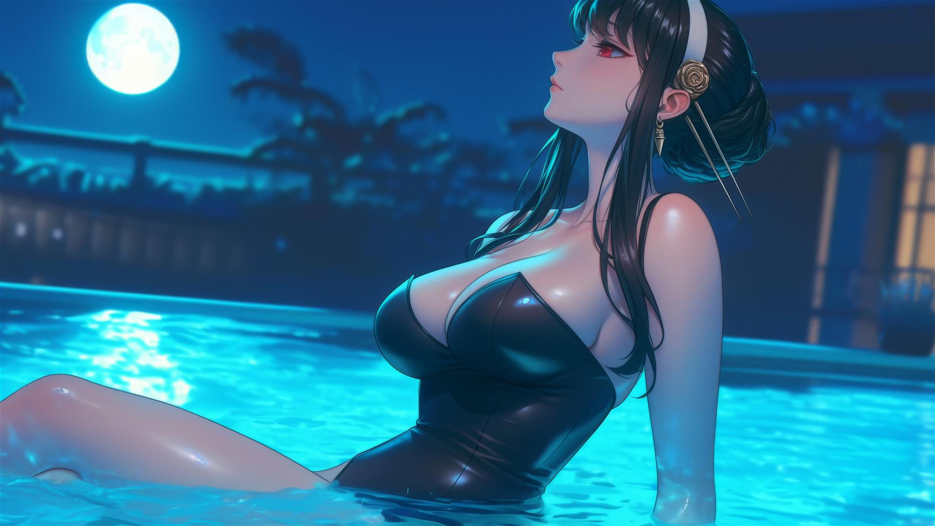 Yor Forger in bunny girl style resting at a pool under moonlight