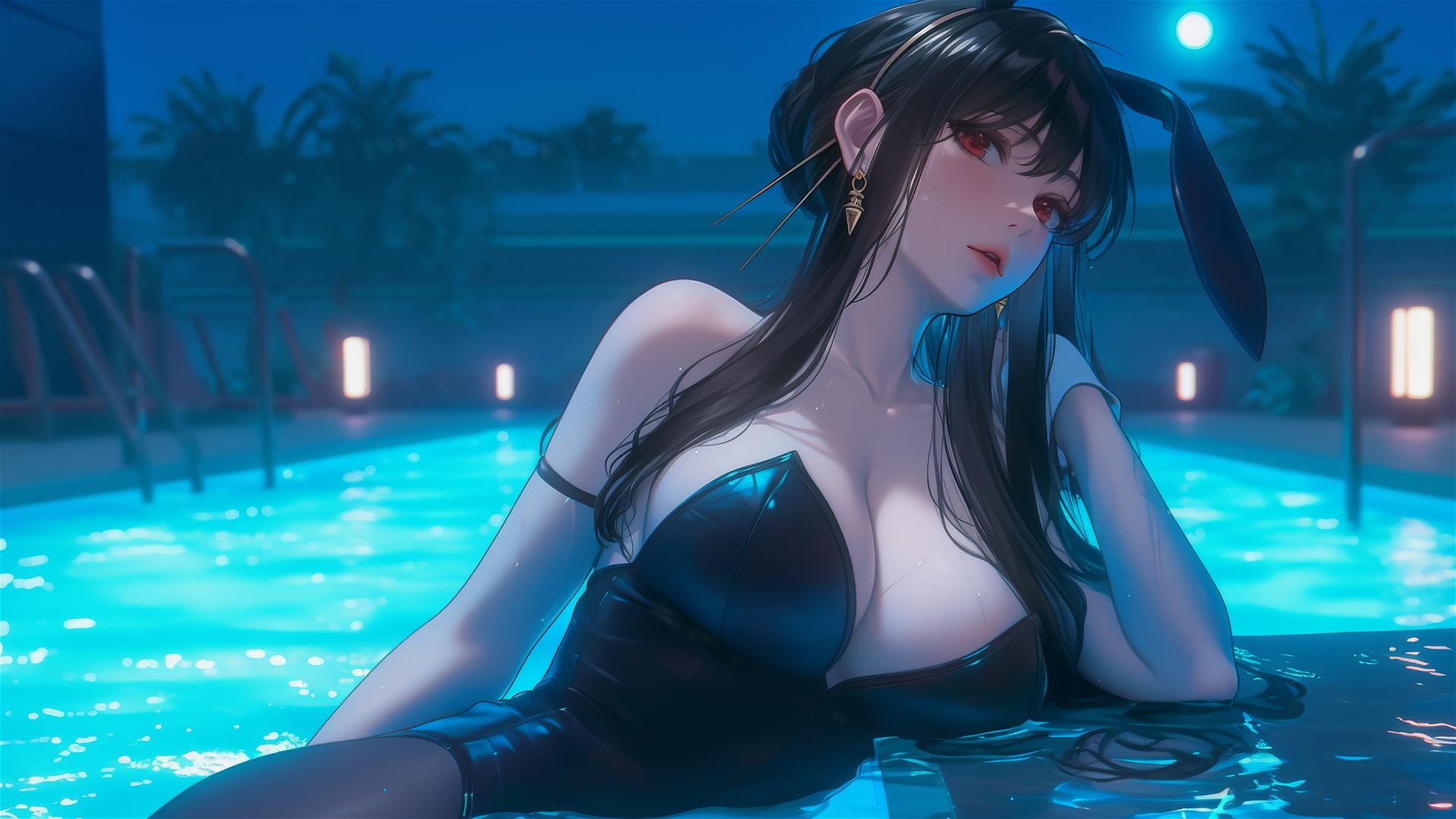 Yor Forger as bunny girl, relaxing by pool under moonlight.
