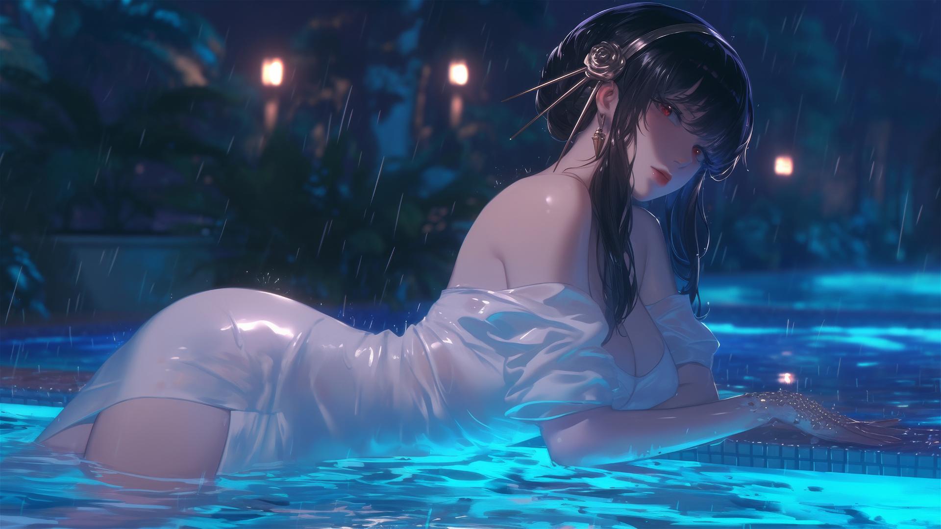 Yor Forger in white dress at moonlit rainy pool