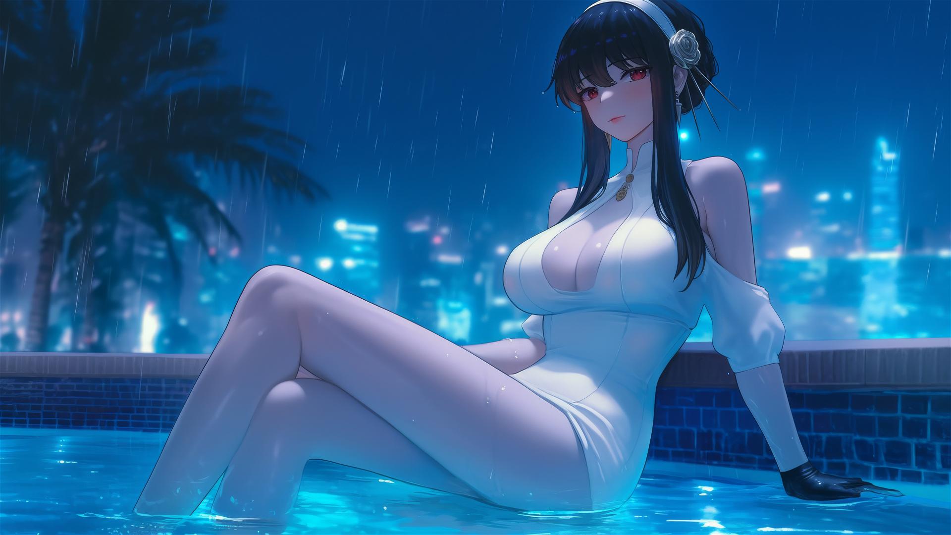 Yor Forger resting by a rainy pool under moonlit glow