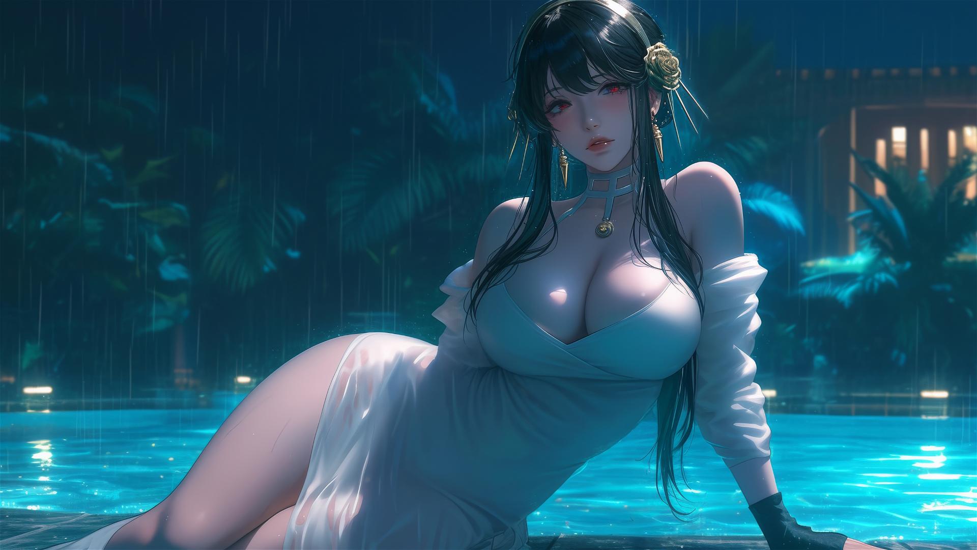 Yor Forger in pure white dress resting at rainy pool under moonlight.