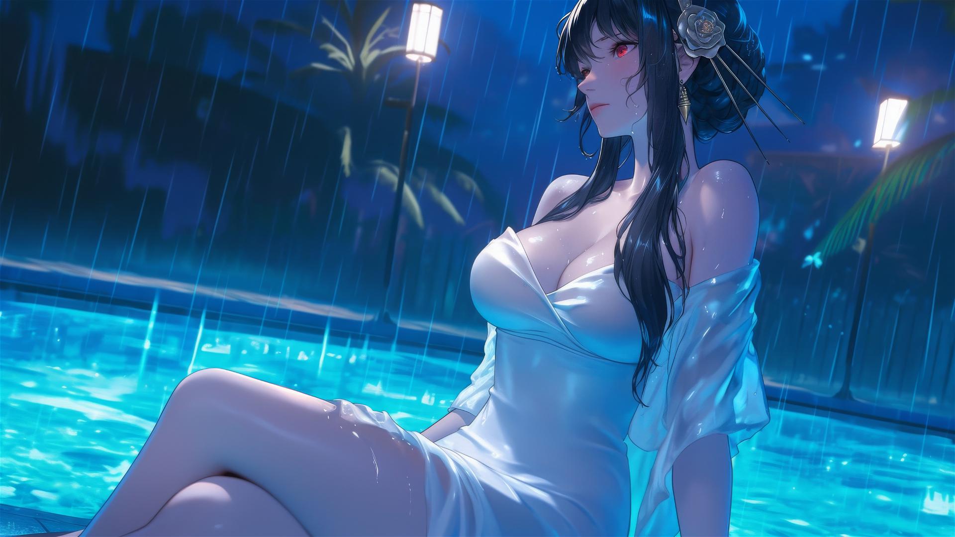 Yor Forger in a white dress resting by a rainy pool at night