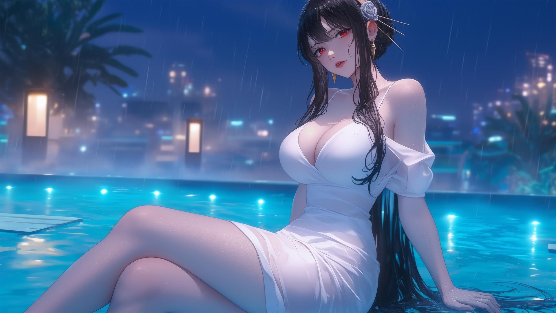 Yor Forger resting at a rainy swimming pool in a white dress under moonlight