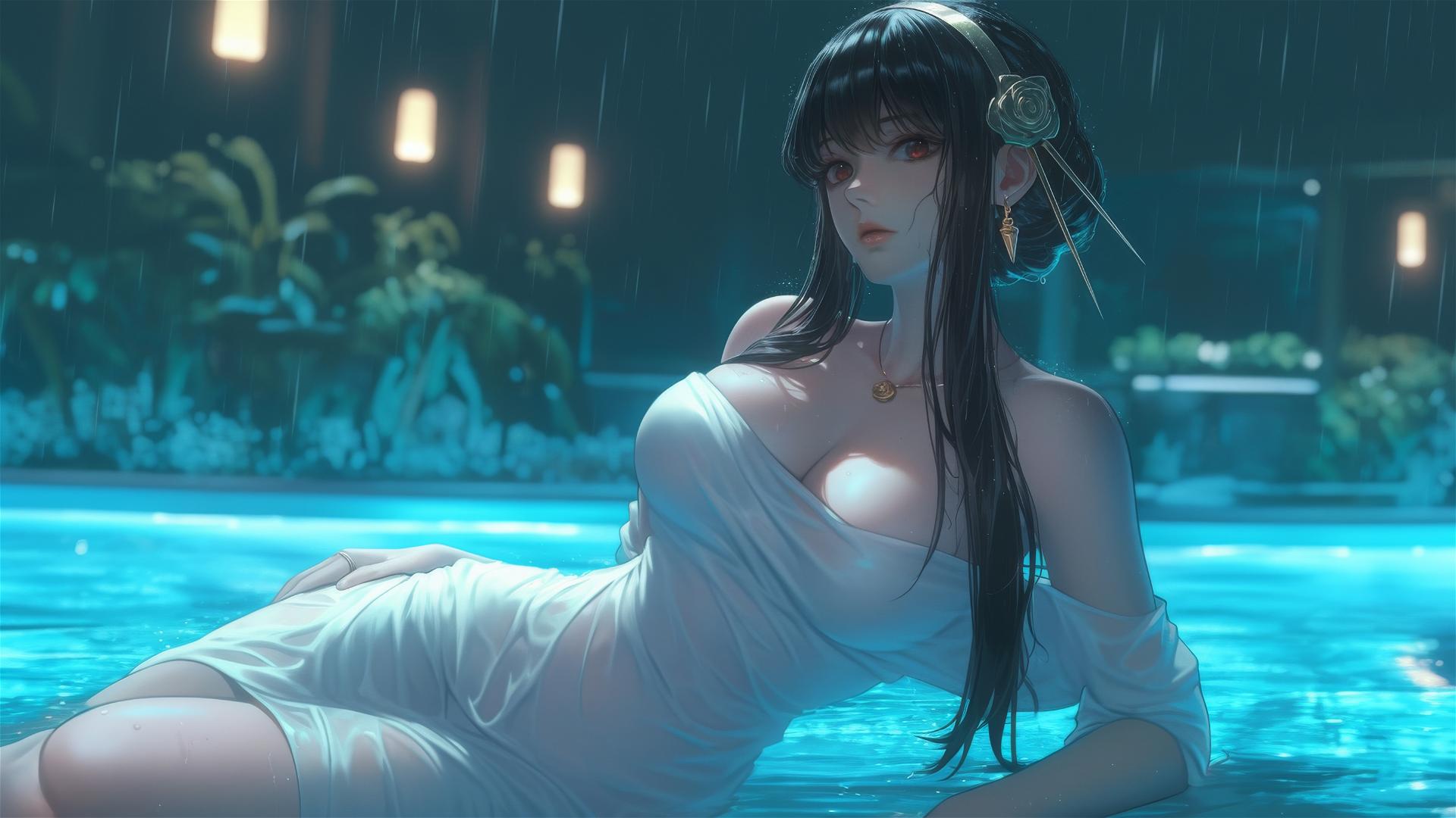 Yor Forger in white dress at rainy pool with moonlight