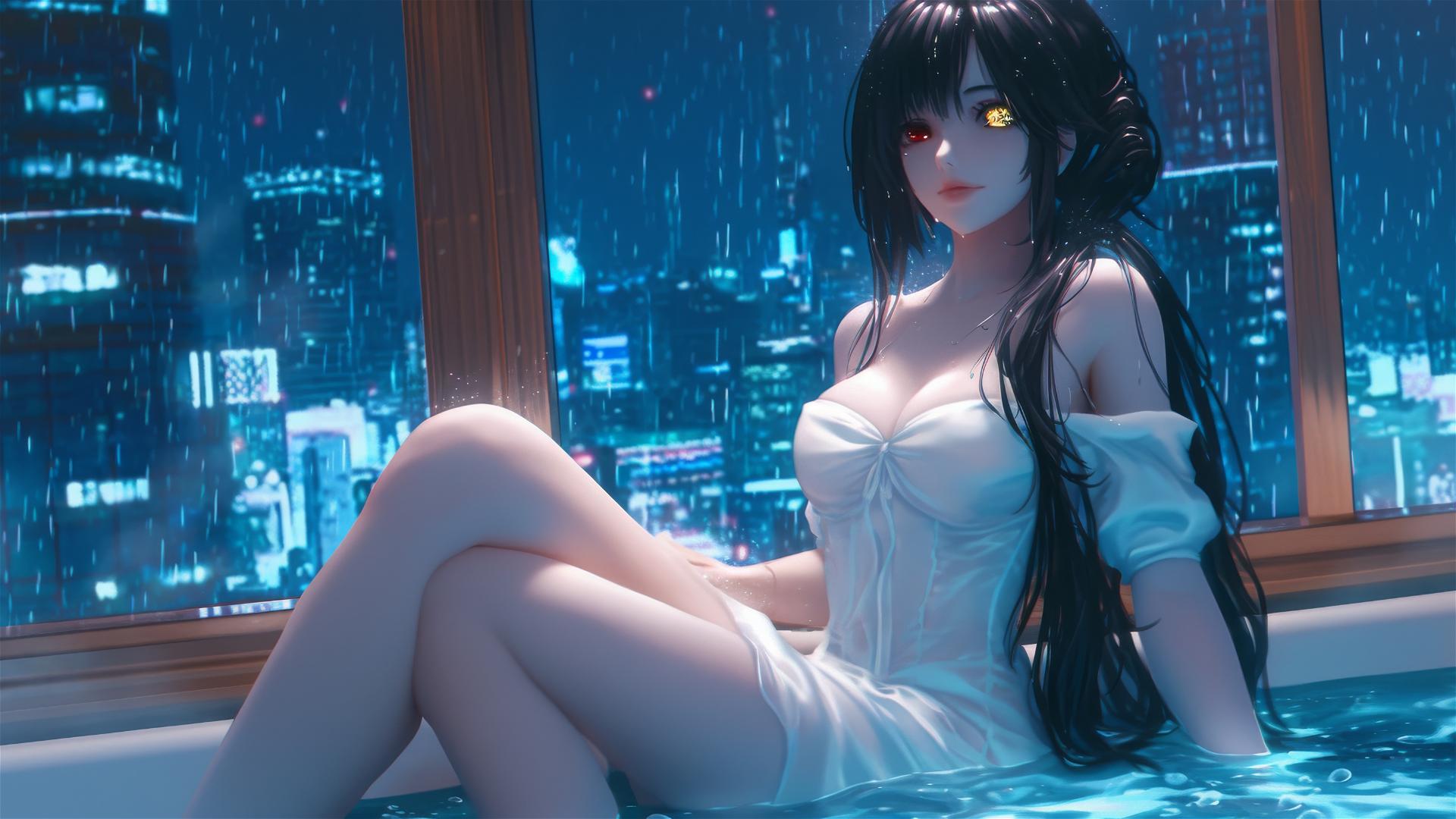 Kurumi Tokisaki in a bathtub, moonlight glow, red and yellow eyes