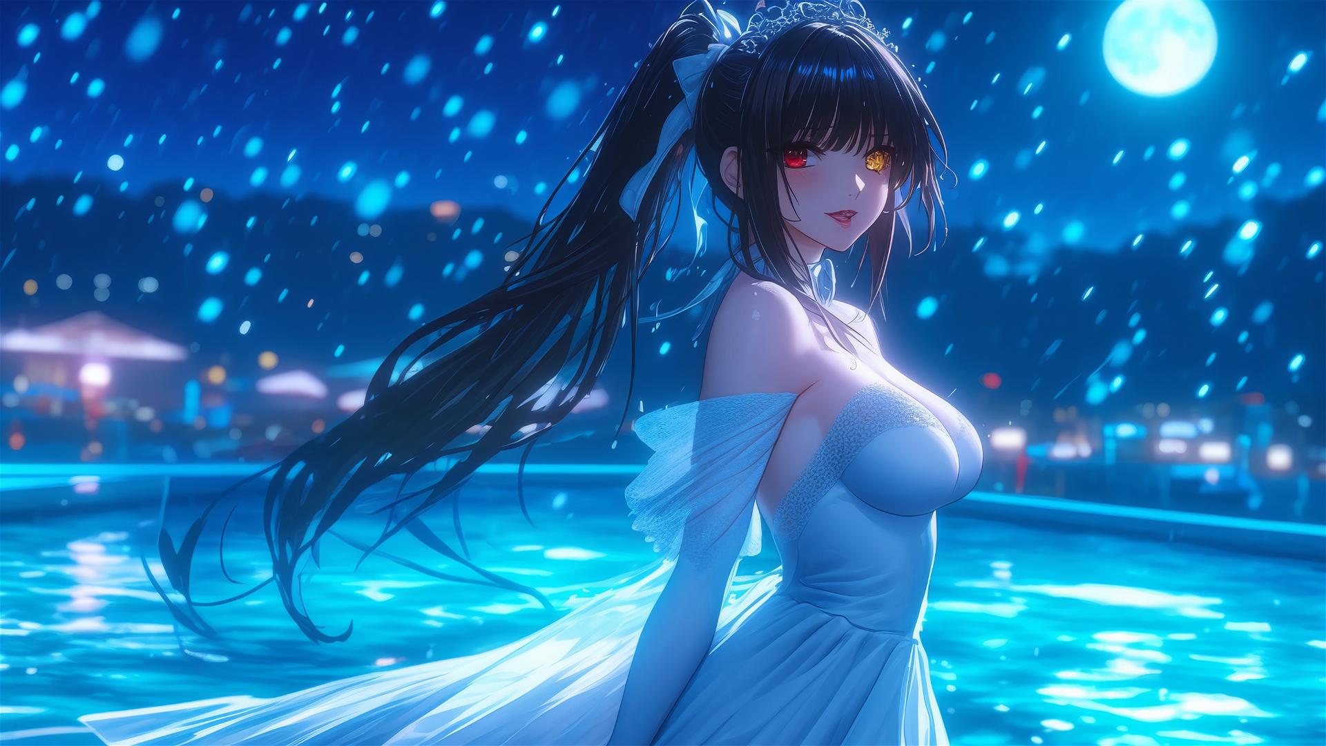 Kurumi Tokisaki from Date A Live standing in a rainy swimming pool under moonlight, in a pure white dress.