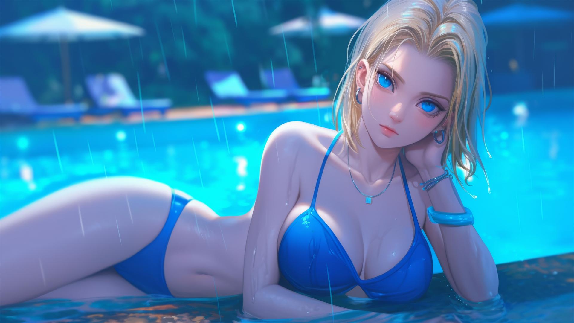 Dragon Ball Android 18 relaxing by a rainy swimming pool