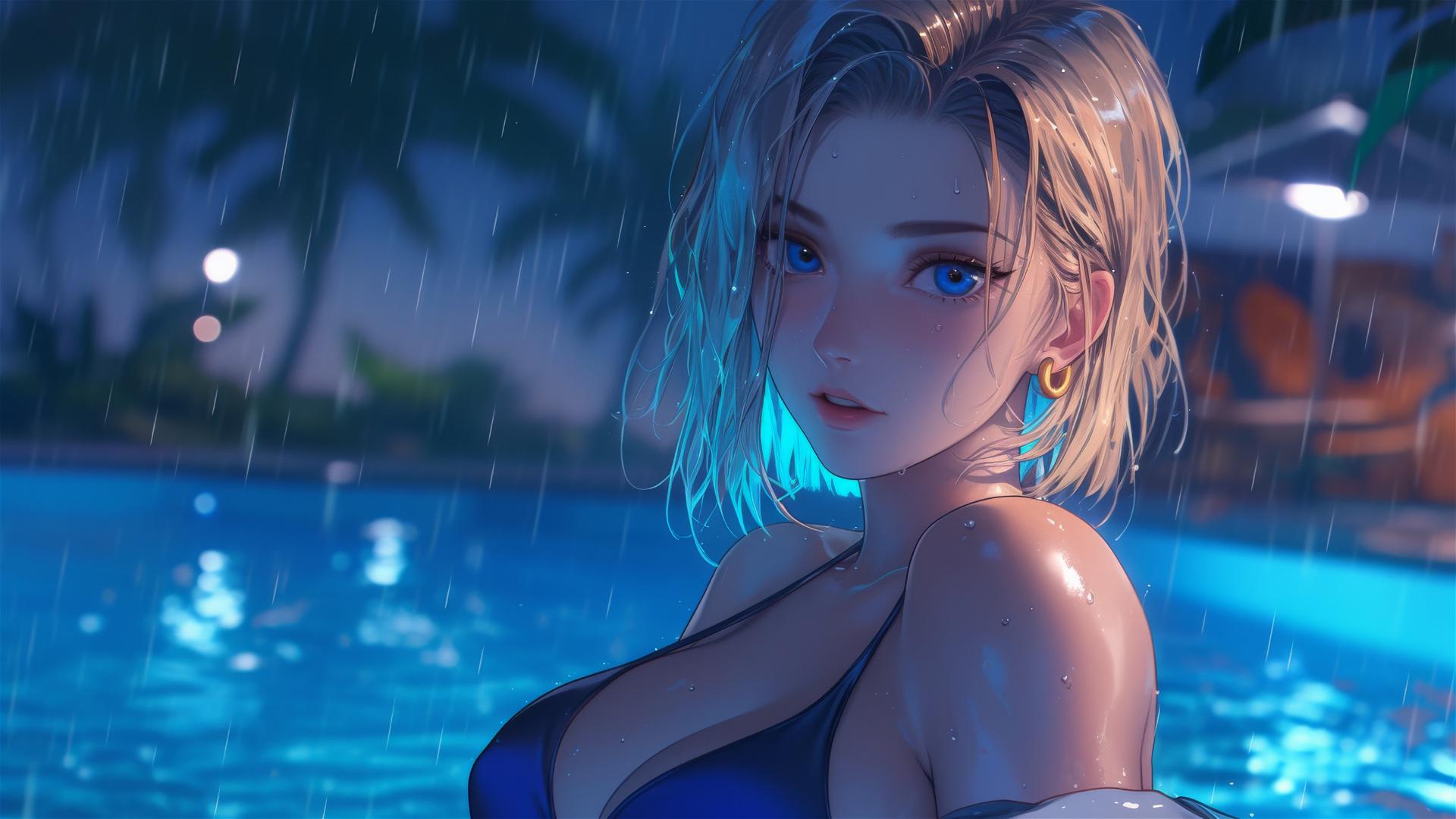 Dragon Ball Android 18 resting by a rainy swimming pool