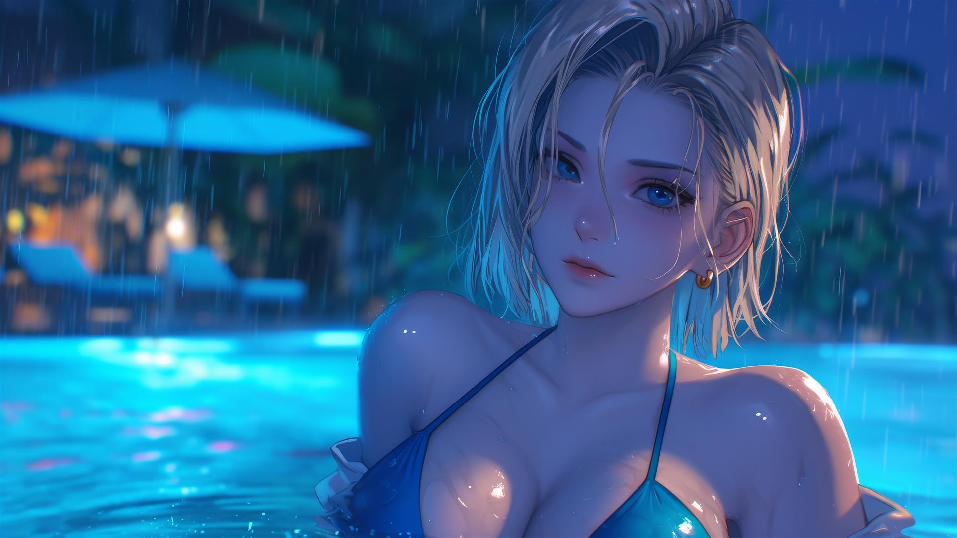 Dragon Ball Android 18 resting by a rainy swimming pool